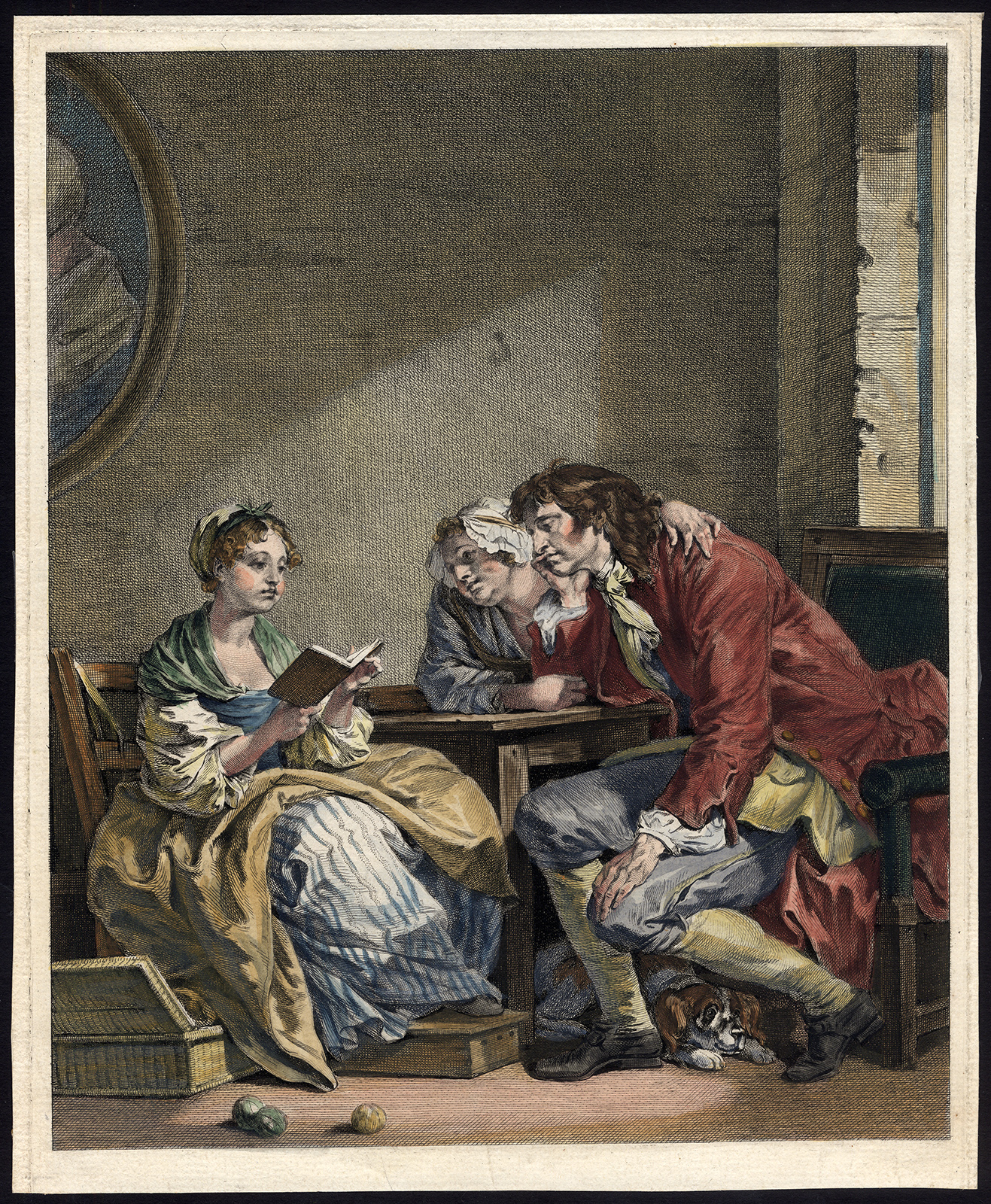, Antique Print-YOUNG WOMAN READING-BOOK-DOG-INTERIOR-anonymous-1750, Pictura Antique Prints