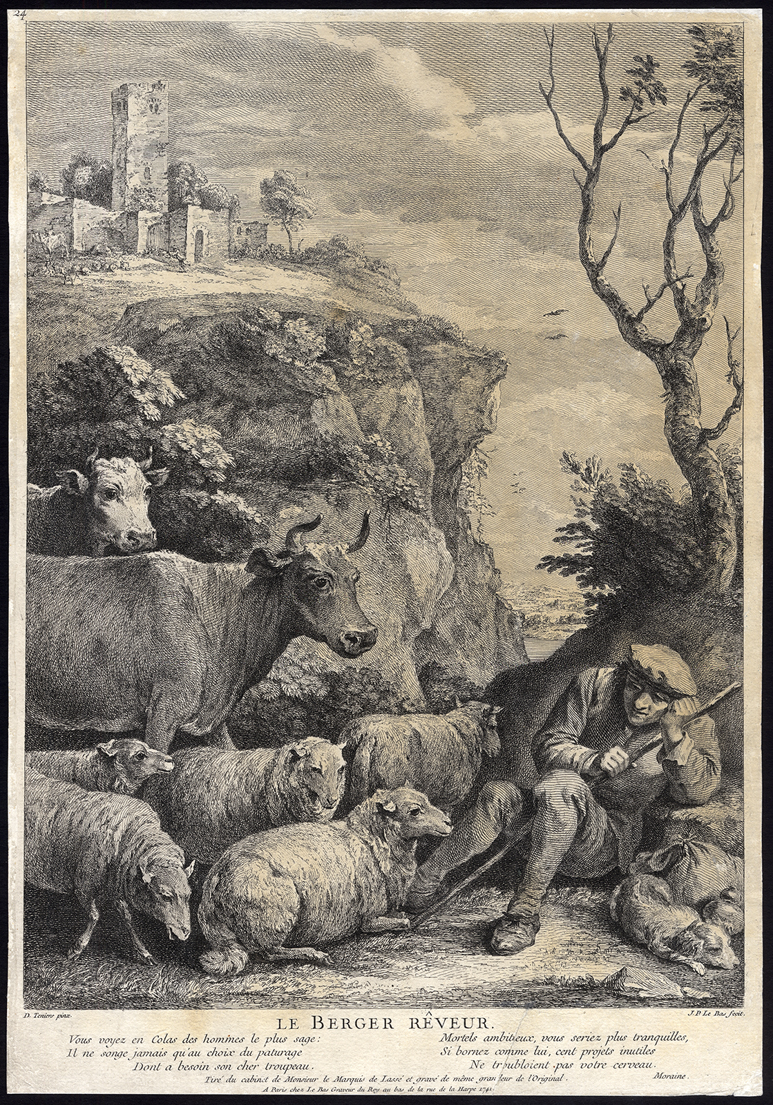 , Antique Master Print-PASTORAL SCENE-SHEPHERD-COW-SHEEP-DOG-Le Bas-Teniers-1741, Pictura Antique Prints