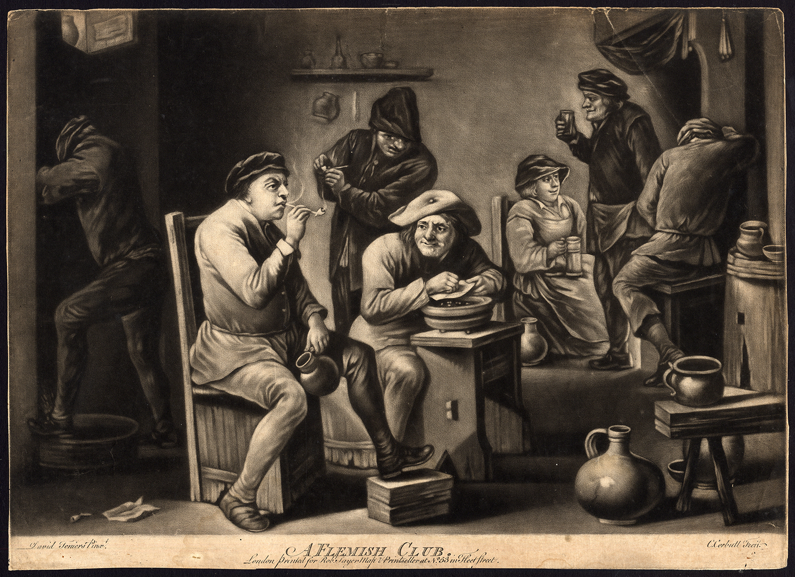 , Antique Master Print-A FLEMISH CLUB-TAVERN-PUB-SMOKING PIPE-Purcell-Teniers-1760, Pictura Antique Prints