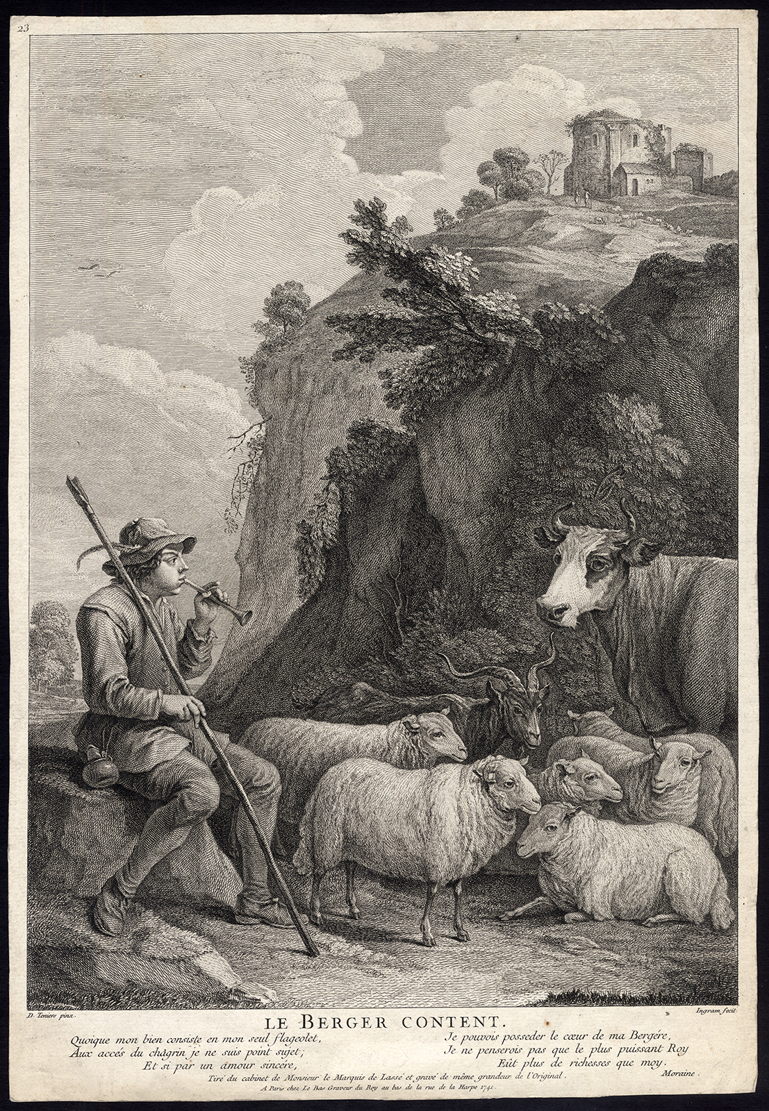 , Antique Master Print-LE BERGER CONTENT-SHEPHERD-HERD-Ingram-Teniers-1741, Pictura Antique Prints