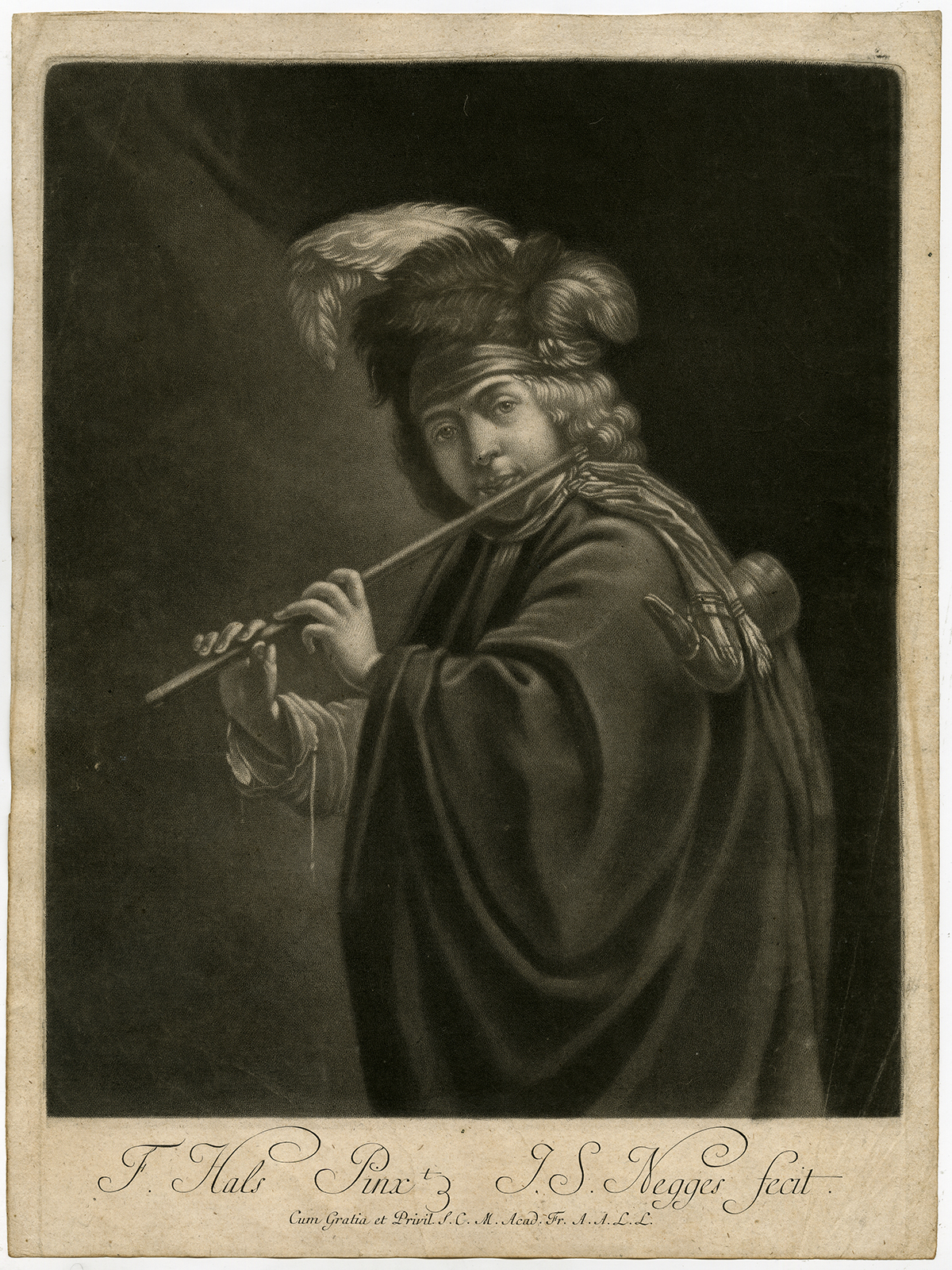 , Antique Master Print-FLUTE-YOUNG MAN-MUSICAL INSTRUMENT-Negges-Hals-1740, Pictura Antique Prints