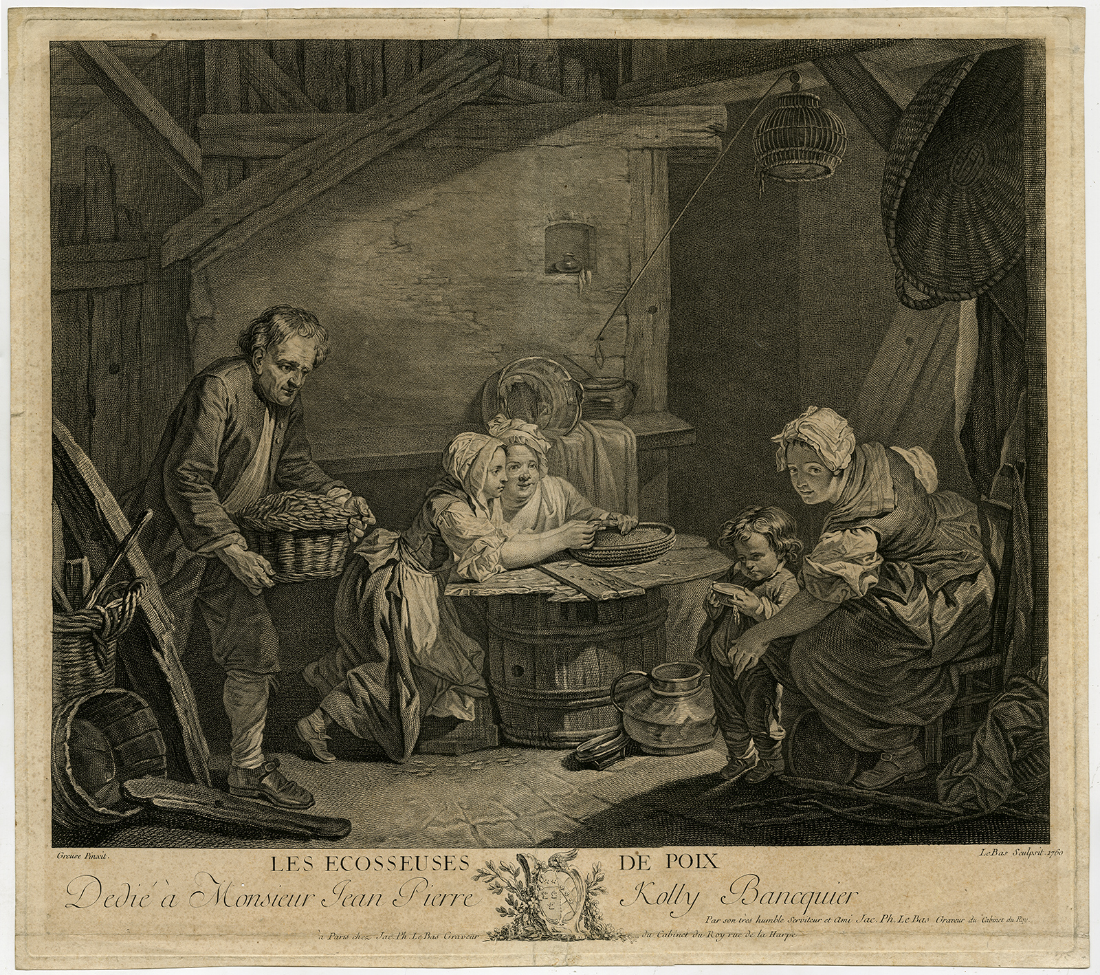 , Antique Master Print-SHELLING PEAS-BARN-FAMILY-le Bas-Greuze-1760, Pictura Antique Prints