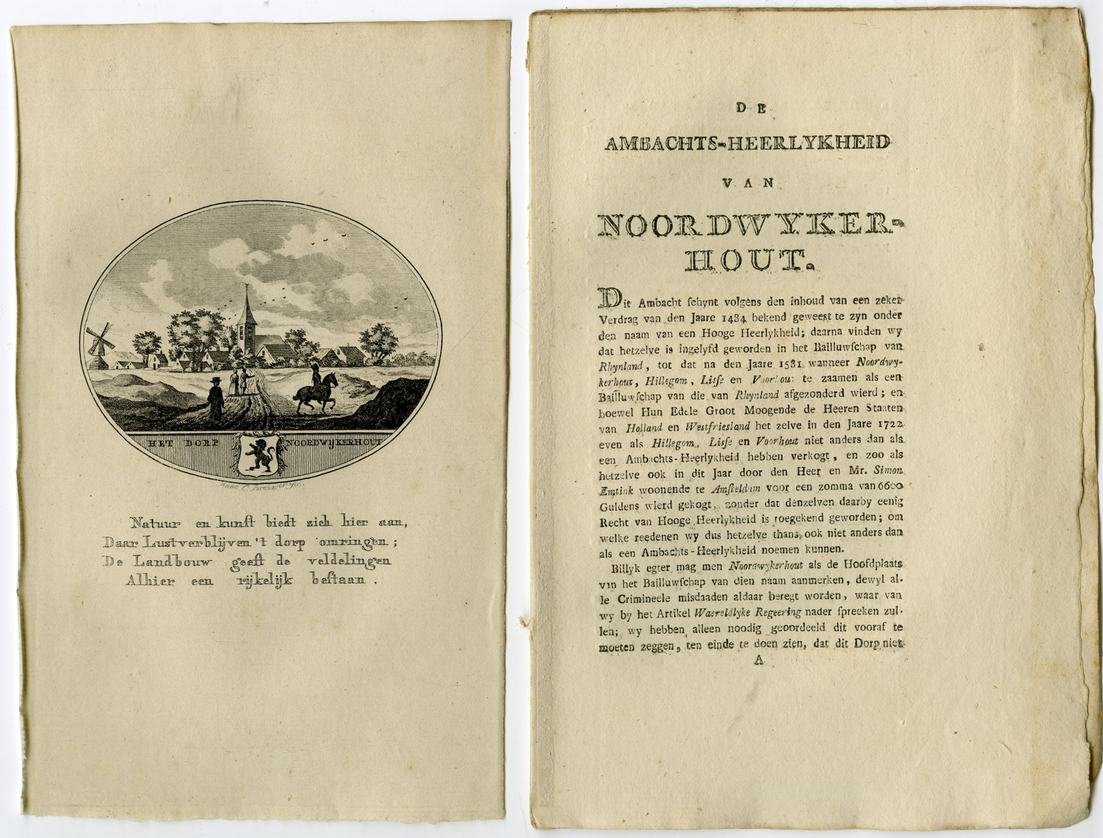 , Antique Print-NOORDWIJKERHOUT-PANORAMIC VIEW-TEXT-Brouwer-Ollefen & Bakker-1793, Pictura Antique Prints
