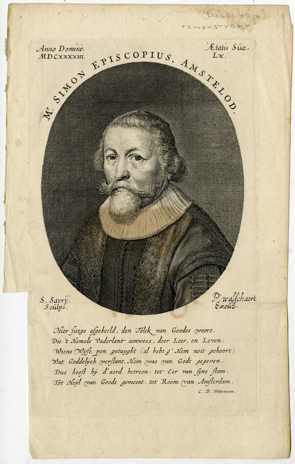 , Antique Print-SIMON EPISCOPIUS-REMONSTRANT-PORTRAIT-Savery-1624, Pictura Antique Prints