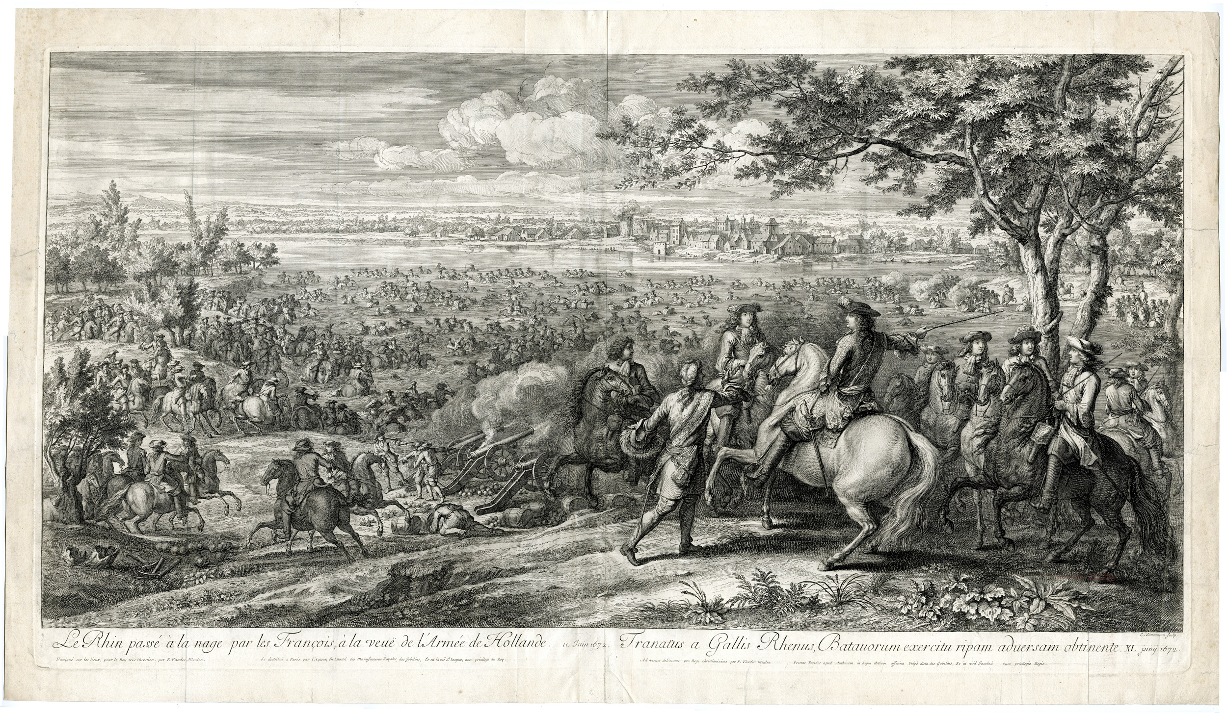 , Antique Print-ARMY LOUIS XIV-CROSSING RHINE AT LOBITH-Simonneau after van der Meulen-1672, Pictura Antique Prints