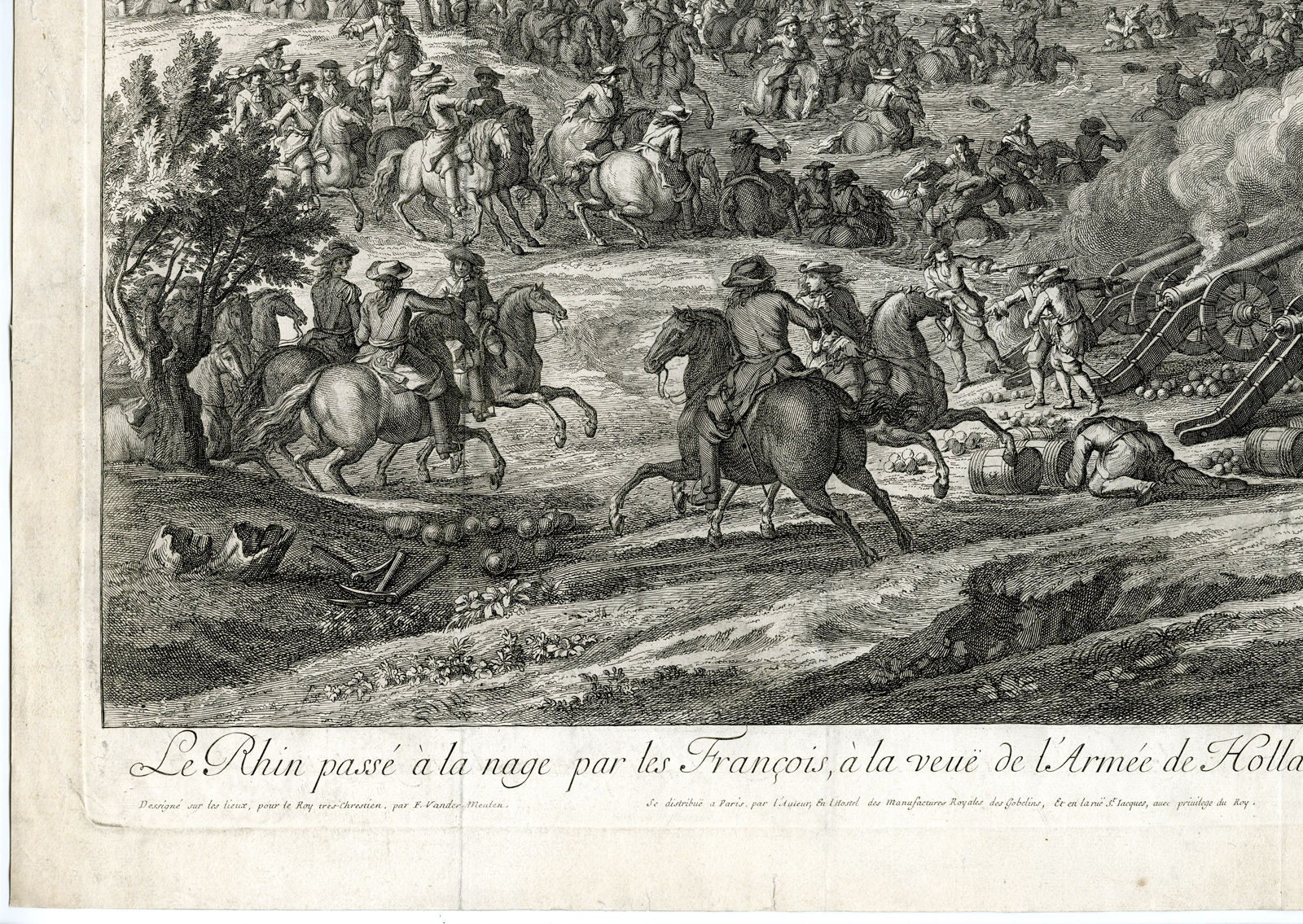 , Antique Print-ARMY LOUIS XIV-CROSSING RHINE AT LOBITH-Simonneau after van der Meulen-1672, Pictura Antique Prints