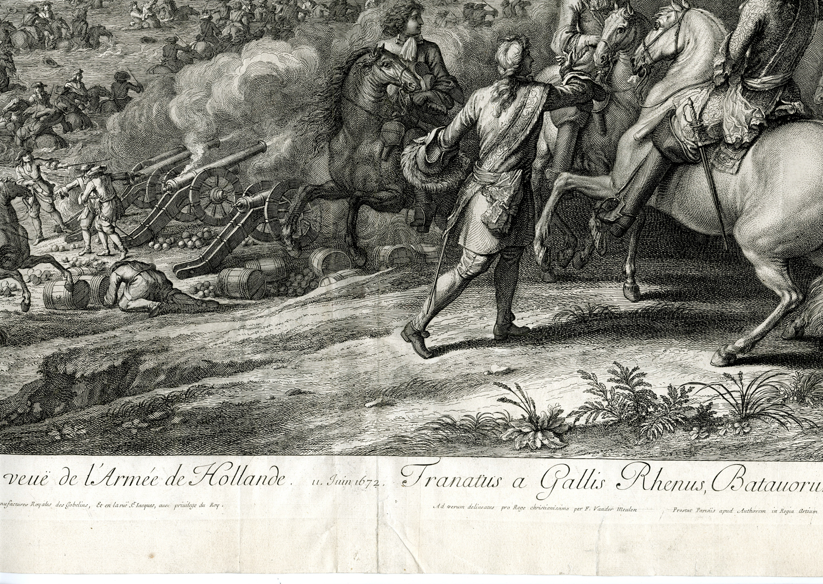 , Antique Print-ARMY LOUIS XIV-CROSSING RHINE AT LOBITH-Simonneau after van der Meulen-1672, Pictura Antique Prints