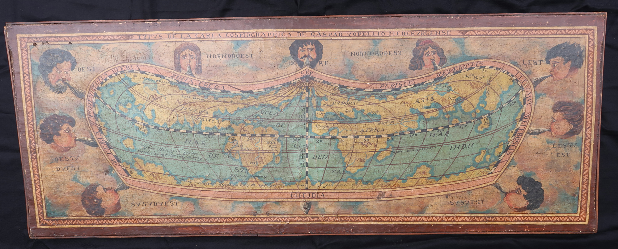 , Large Antique Painting-WORLD MAP-after Caspar Vopell-17th. c., Pictura Antique Prints