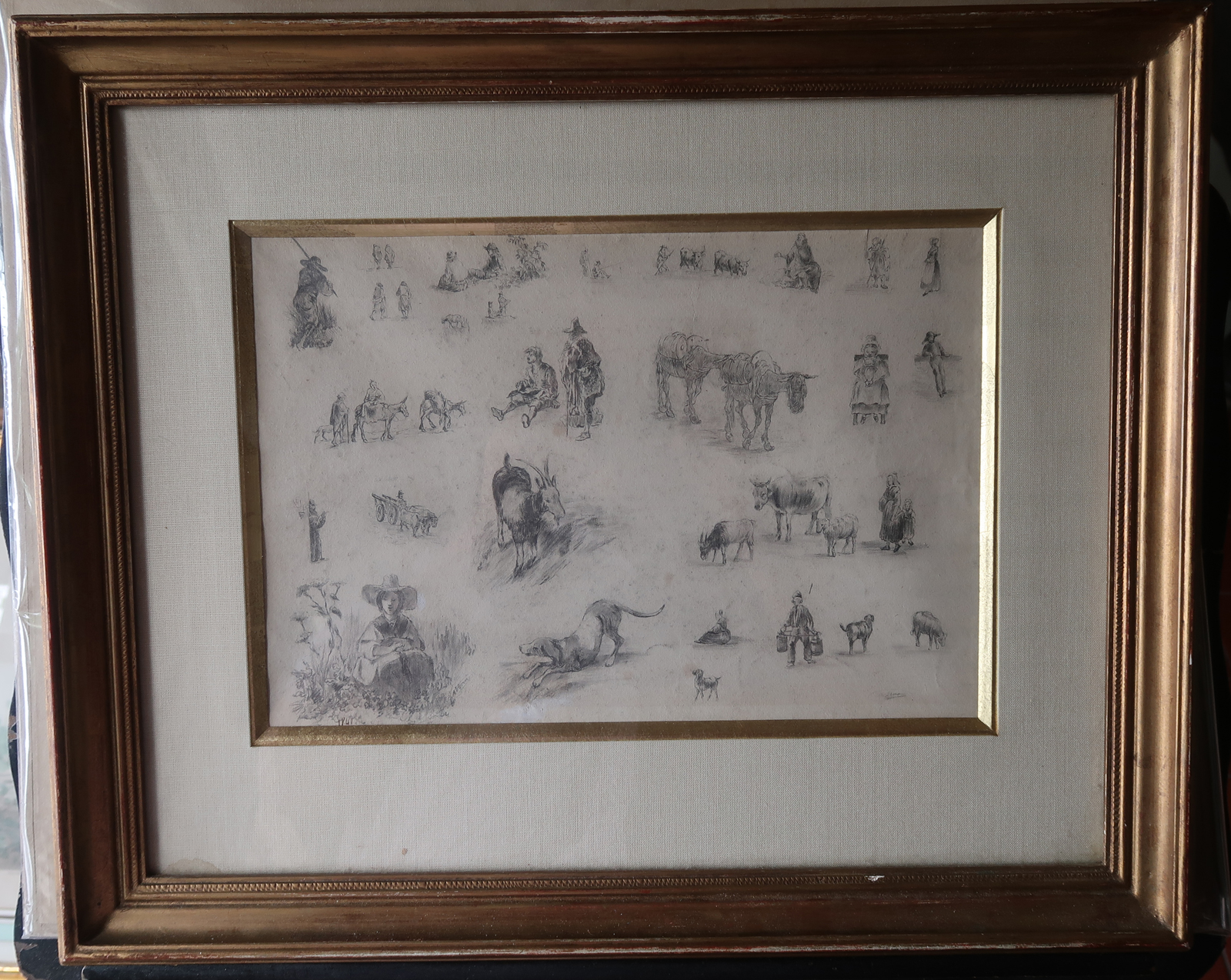 , Antique Drawing-DRAWING STUDY-FIGURES-ANIMALS-Alexandre Veron-1841, Pictura Antique Prints