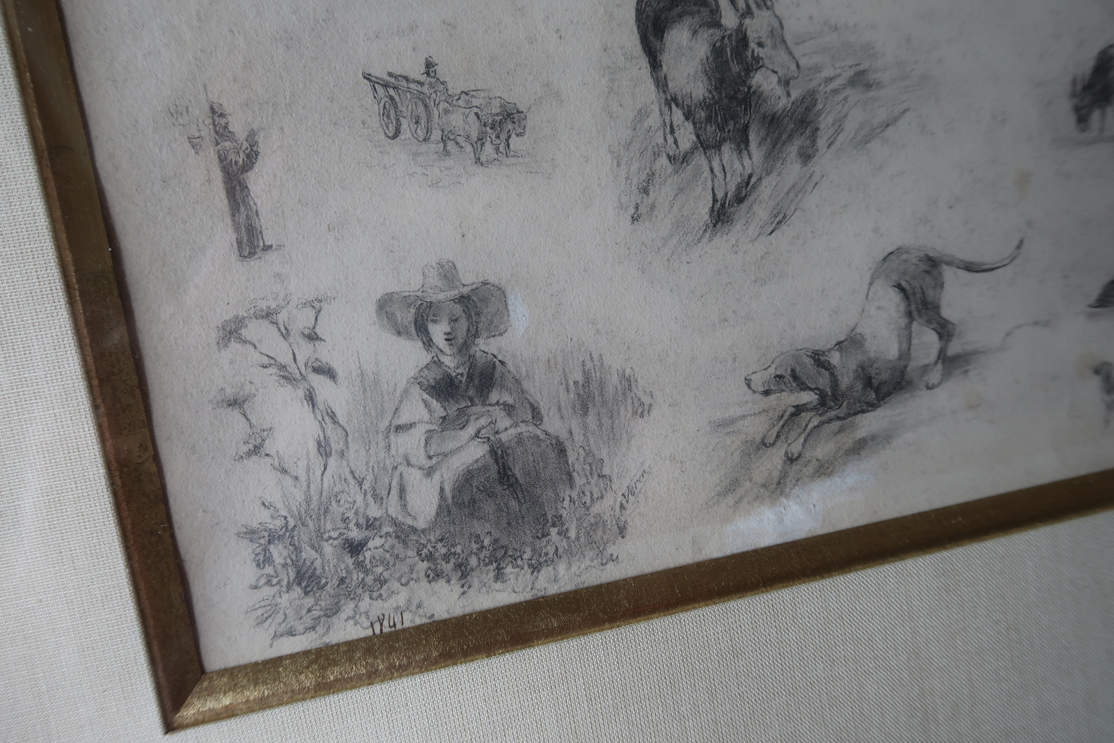 , Antique Drawing-DRAWING STUDY-FIGURES-ANIMALS-Alexandre Veron-1841, Pictura Antique Prints