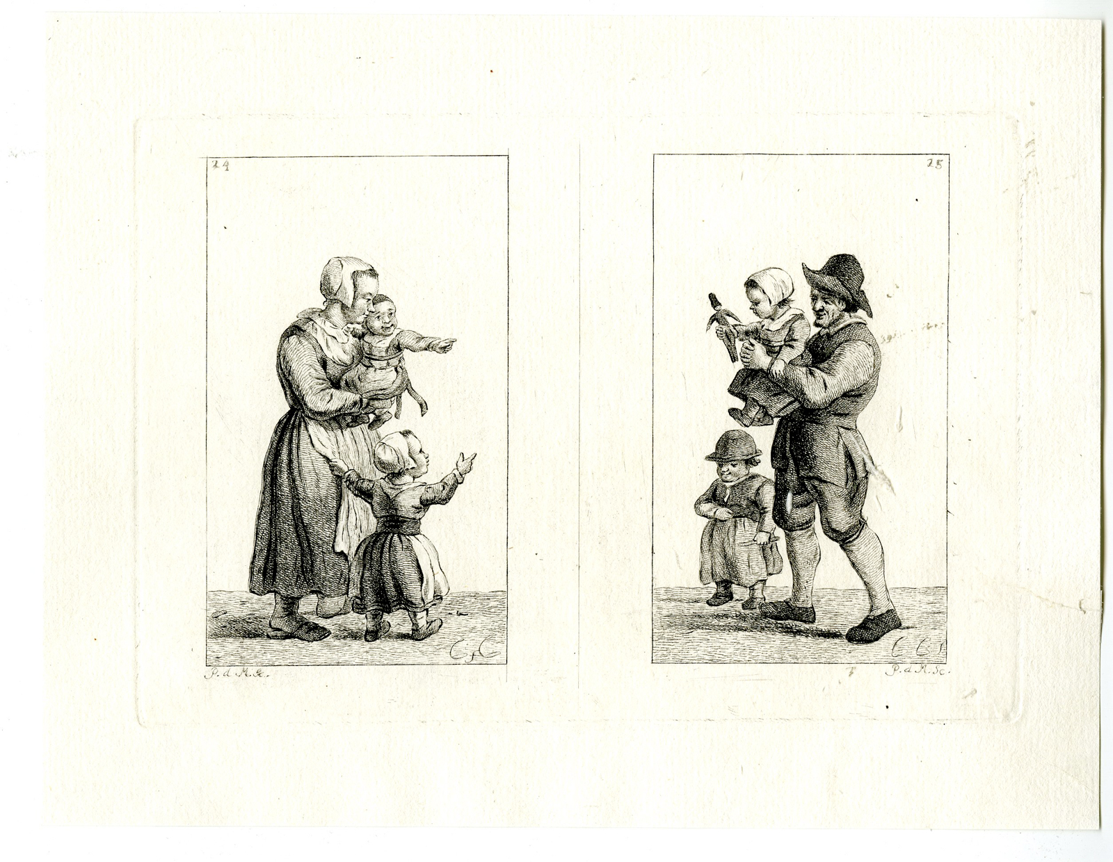 , 2-Antique Prints-FATHER-PARENT-CHILDREN-MOTHER-CARING-de Mare-Chalon-1797, Pictura Antique Prints