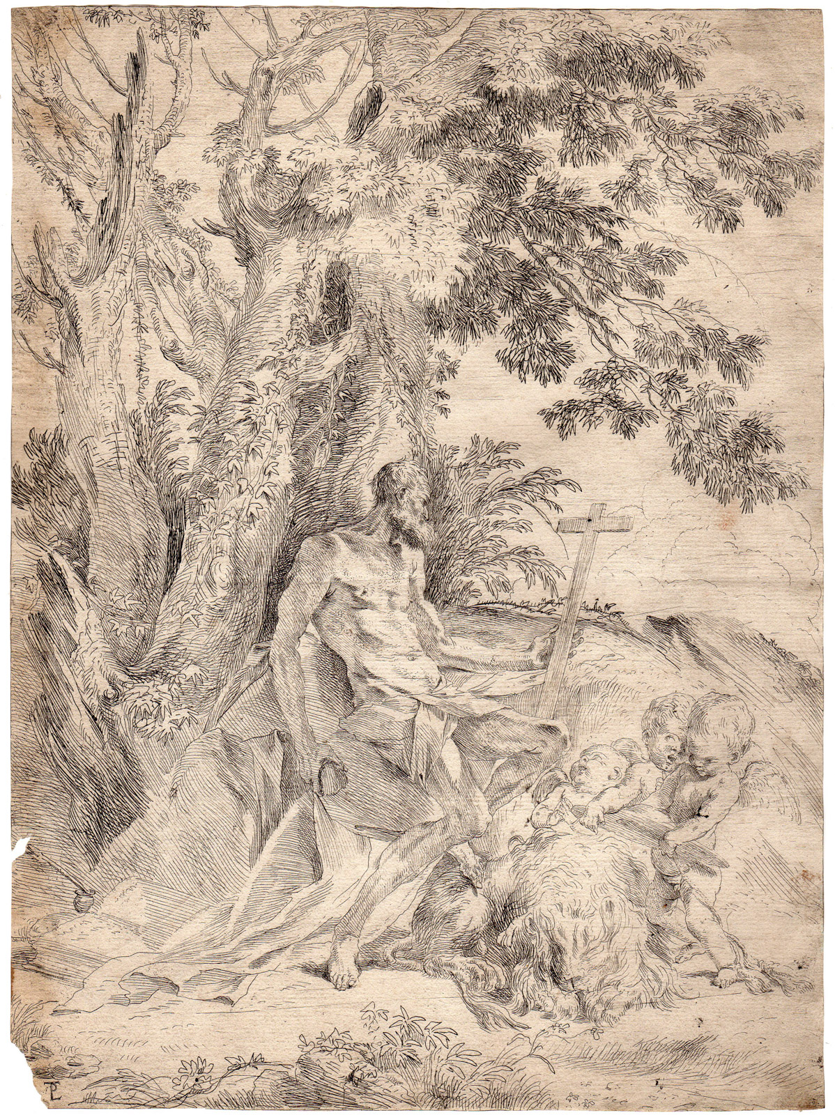 , Antique Print-SAINT JEROME-HOLY-CRUCIFIX-PUTTI-LANDSCAPE-LION-Testa-c.1631, Pictura Antique Prints