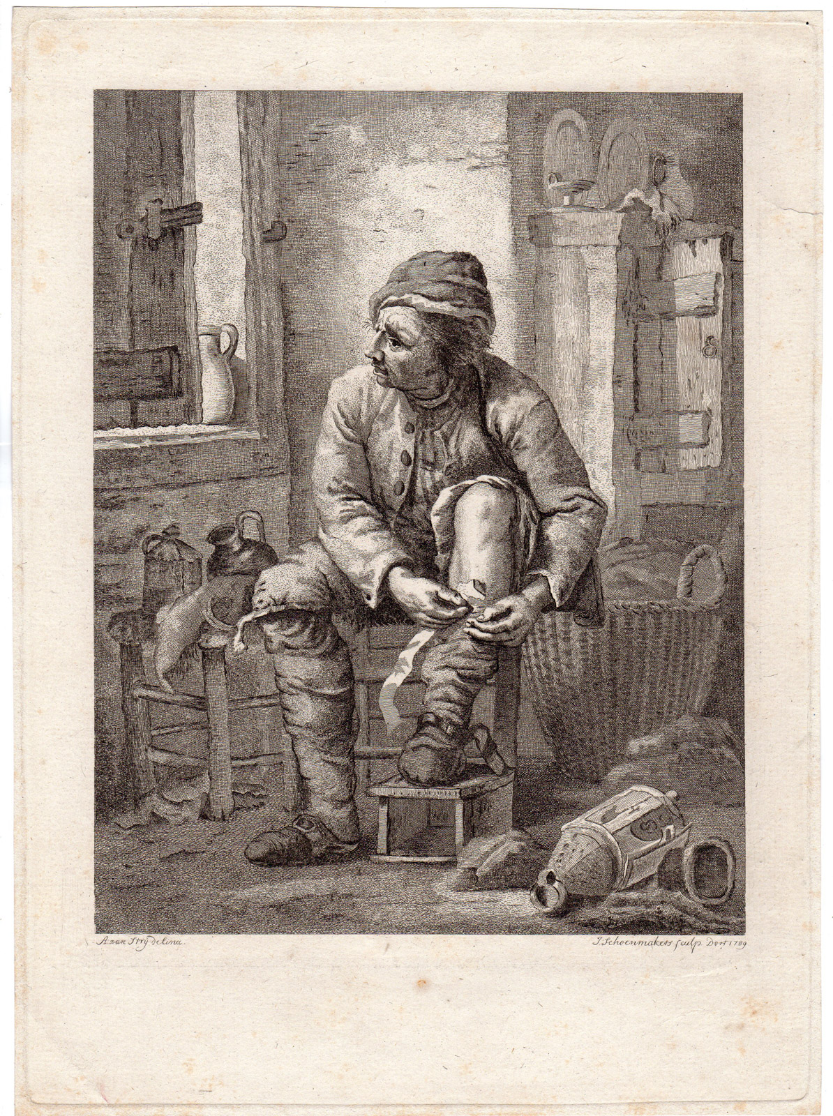 , Antique Print-FARMER-STOCKINGS-BINDING LEGS-Schoenmakers-van Strij I-1789, Pictura Antique Prints