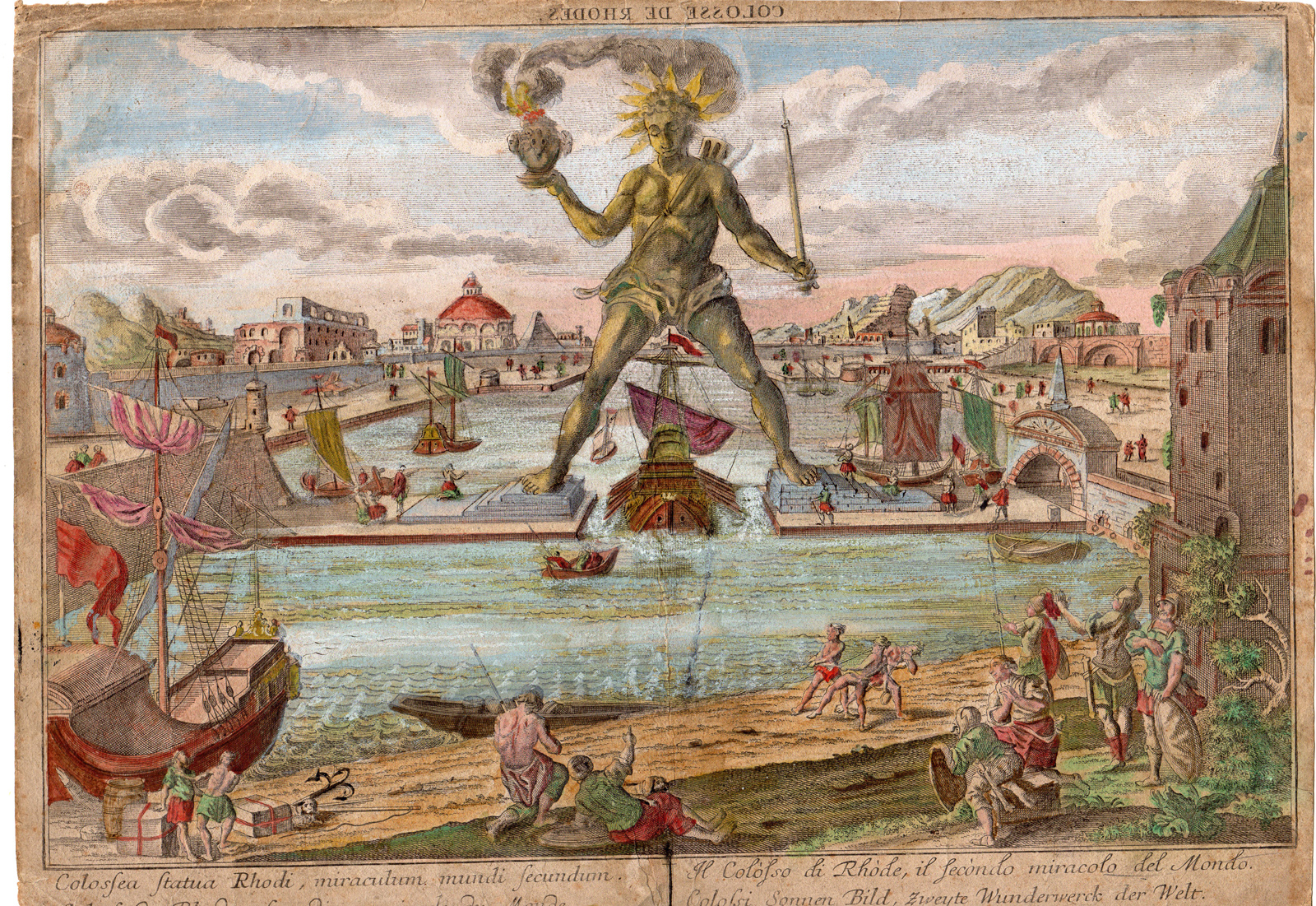 , Antique Print-COLOSSES-RHODES-GREECE-HARBOUR-SHIPS-Probst-c.1760, Pictura Antique Prints