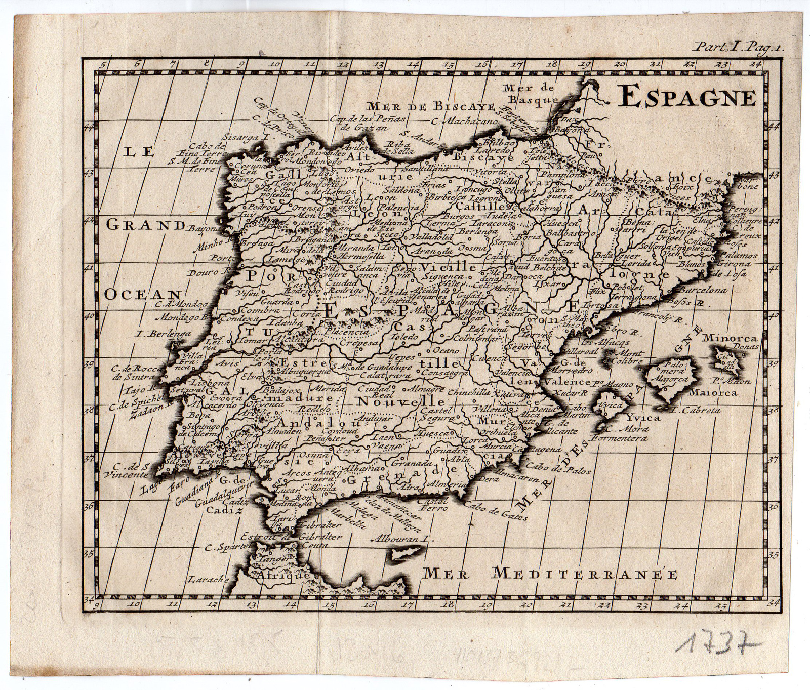 , Antique Map-PENINSULA-SPAIN-PORTUGAL-Anonymous-1737, Pictura Antique Prints