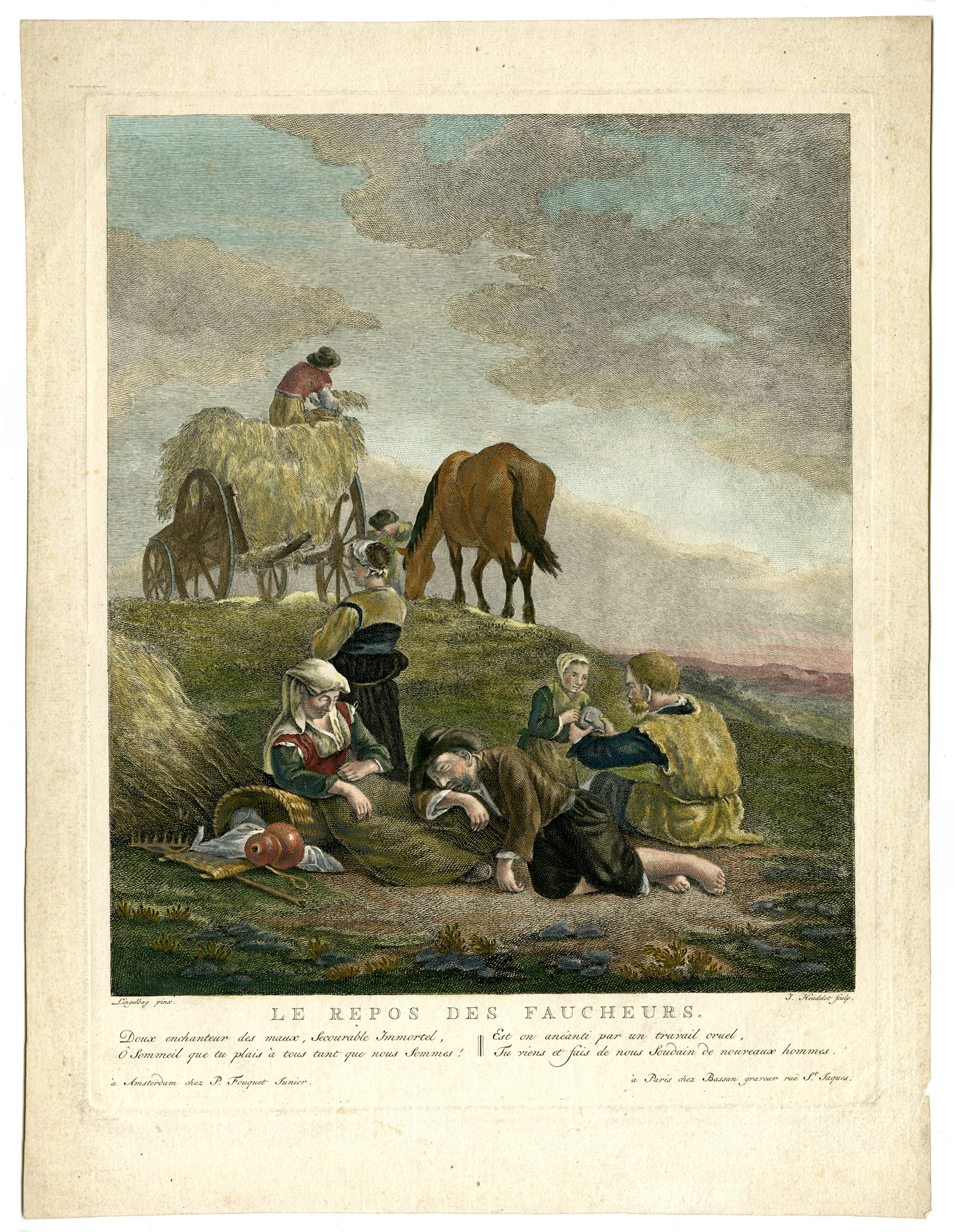 , Antique Master Print-REAPERS-HARVEST-RESTING-HORSE-Heudelot-Lingelbag-1780, Pictura Antique Prints