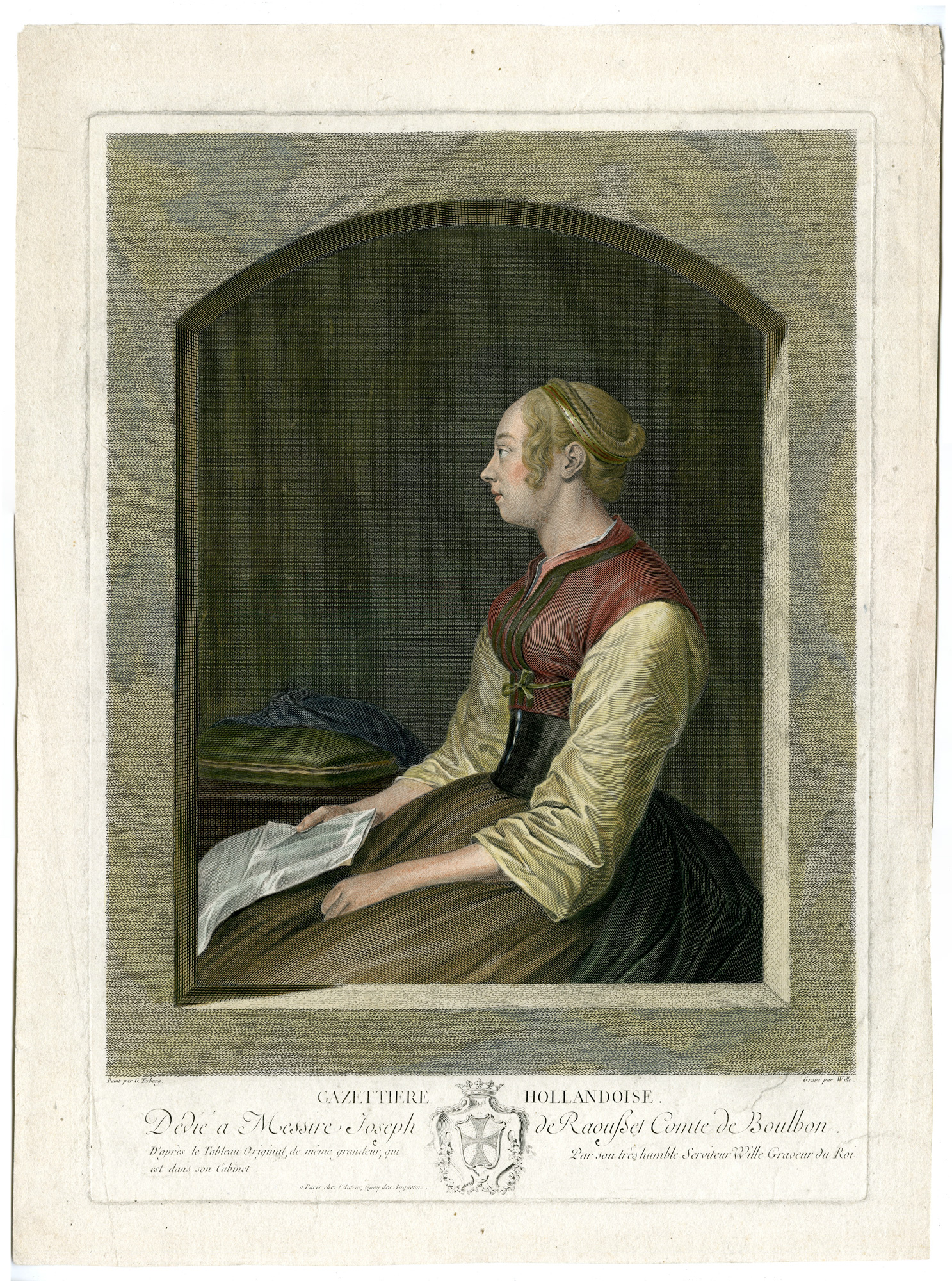 , Antique Master Print-DUTCH GAZETTEER-NEWSPAPER SELLER-Wille-Terburg-1758, Pictura Antique Prints