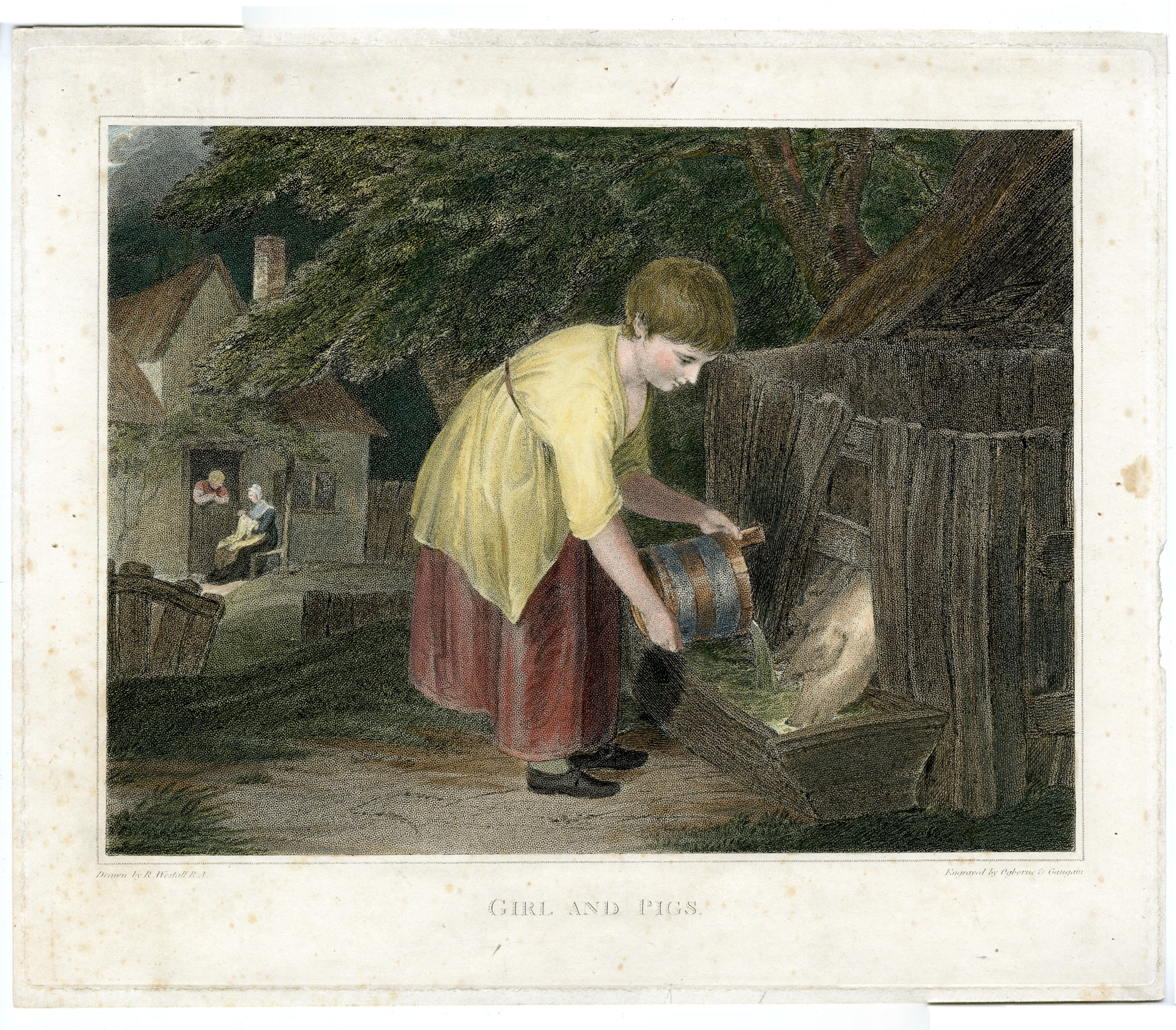 , Antique Master Print-GIRL-FEEDING PIGS-Ogberne-Gaugain-Westall-1802, Pictura Antique Prints