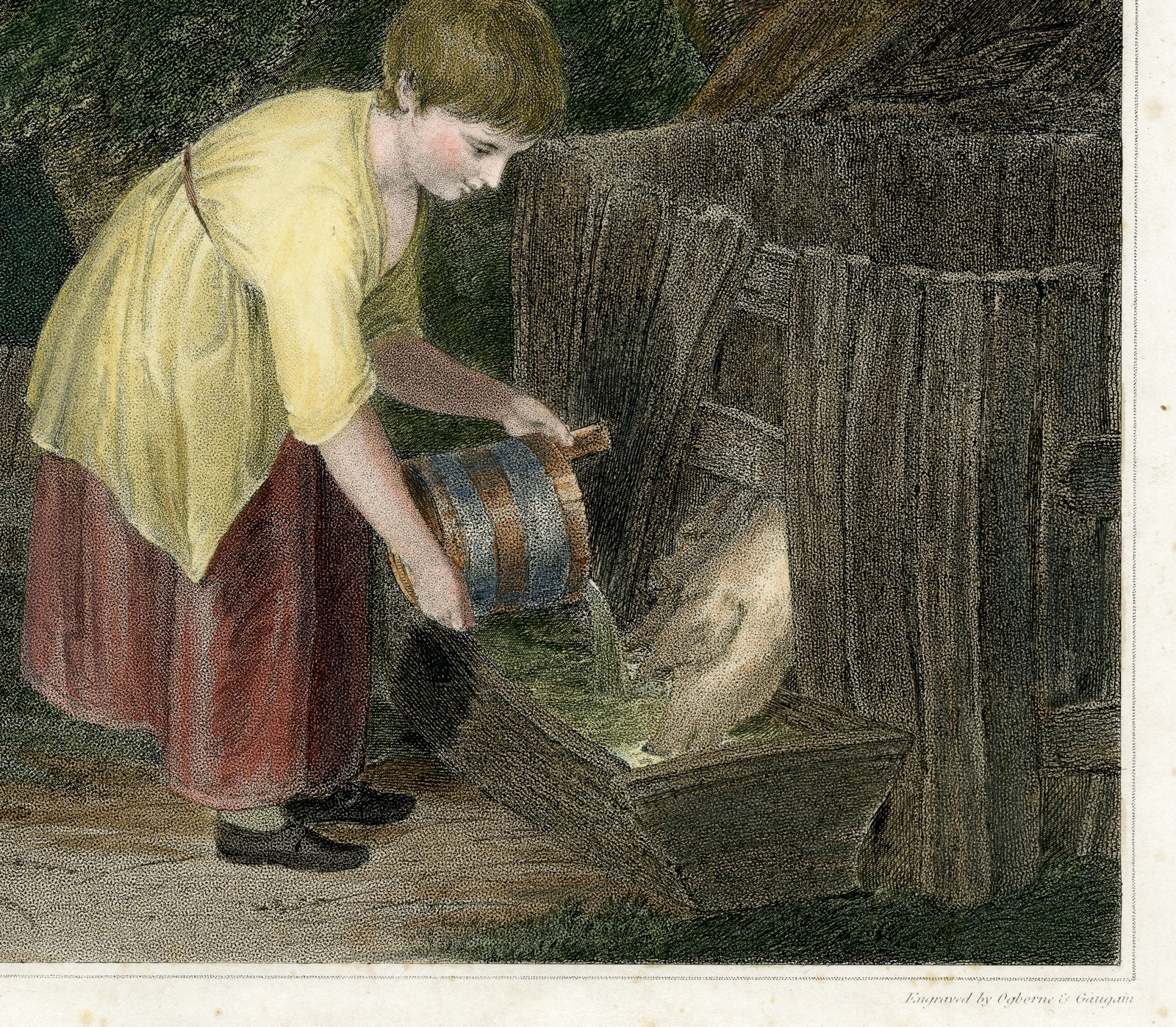 , Antique Master Print-GIRL-FEEDING PIGS-Ogberne-Gaugain-Westall-1802, Pictura Antique Prints