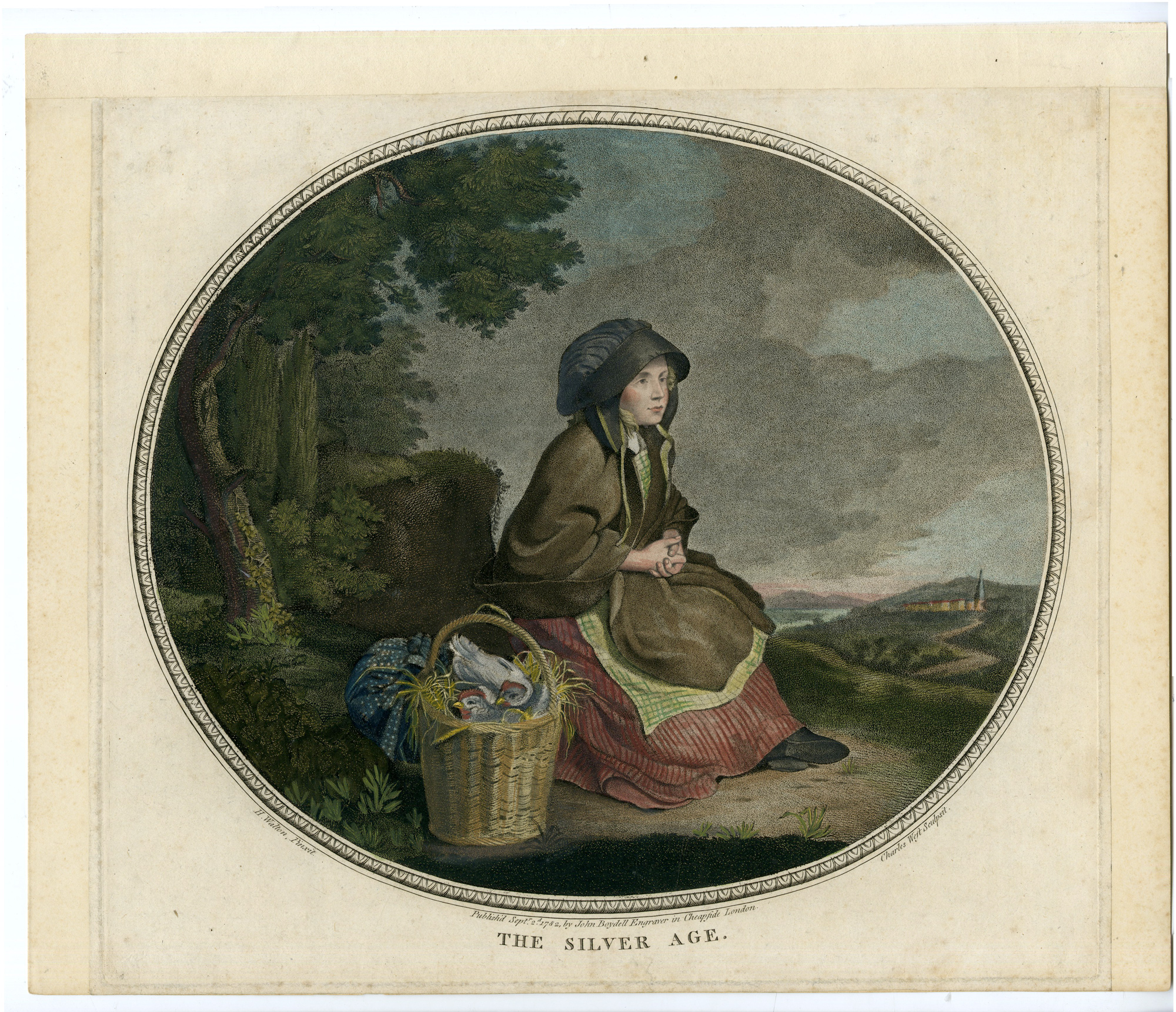 , Antique Master Print-GIRL SITTING-THE SILVER AGE-FOWL-GAME BIRDS-West-Walton-1782, Pictura Antique Prints