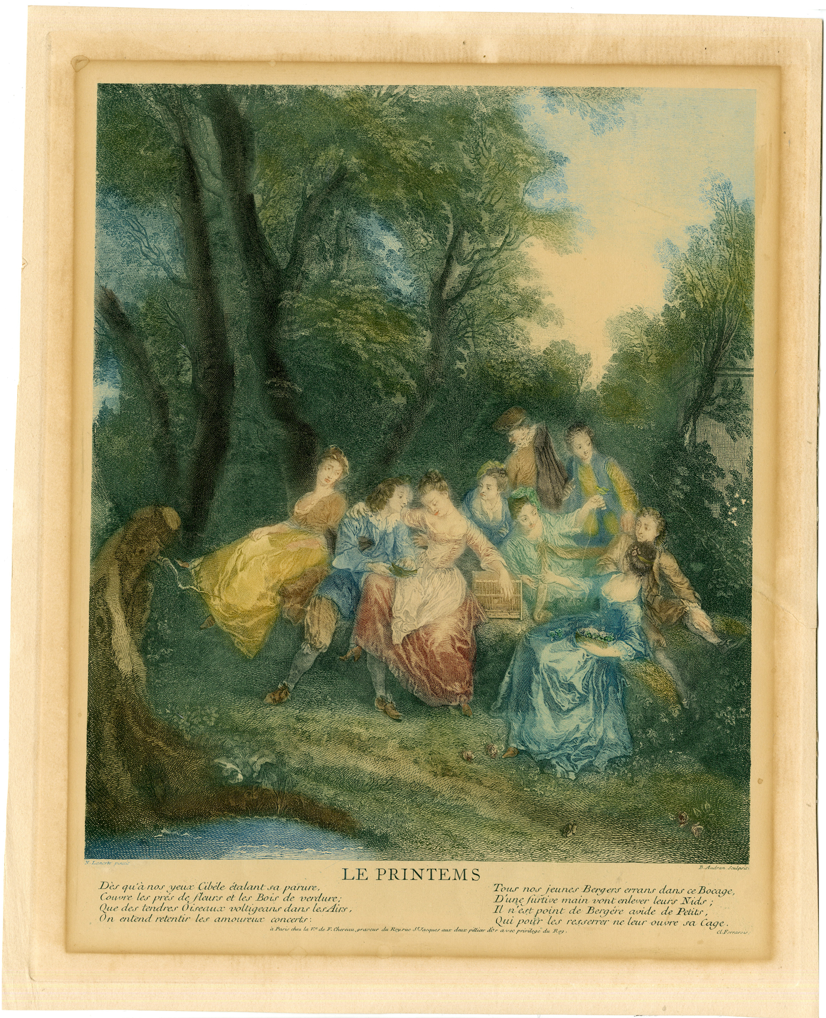 , Antique Master Print-SPRING-LE PRINTEMS-WOMEN-ROMANCE-Audran-Lancret-19th.c., Pictura Antique Prints