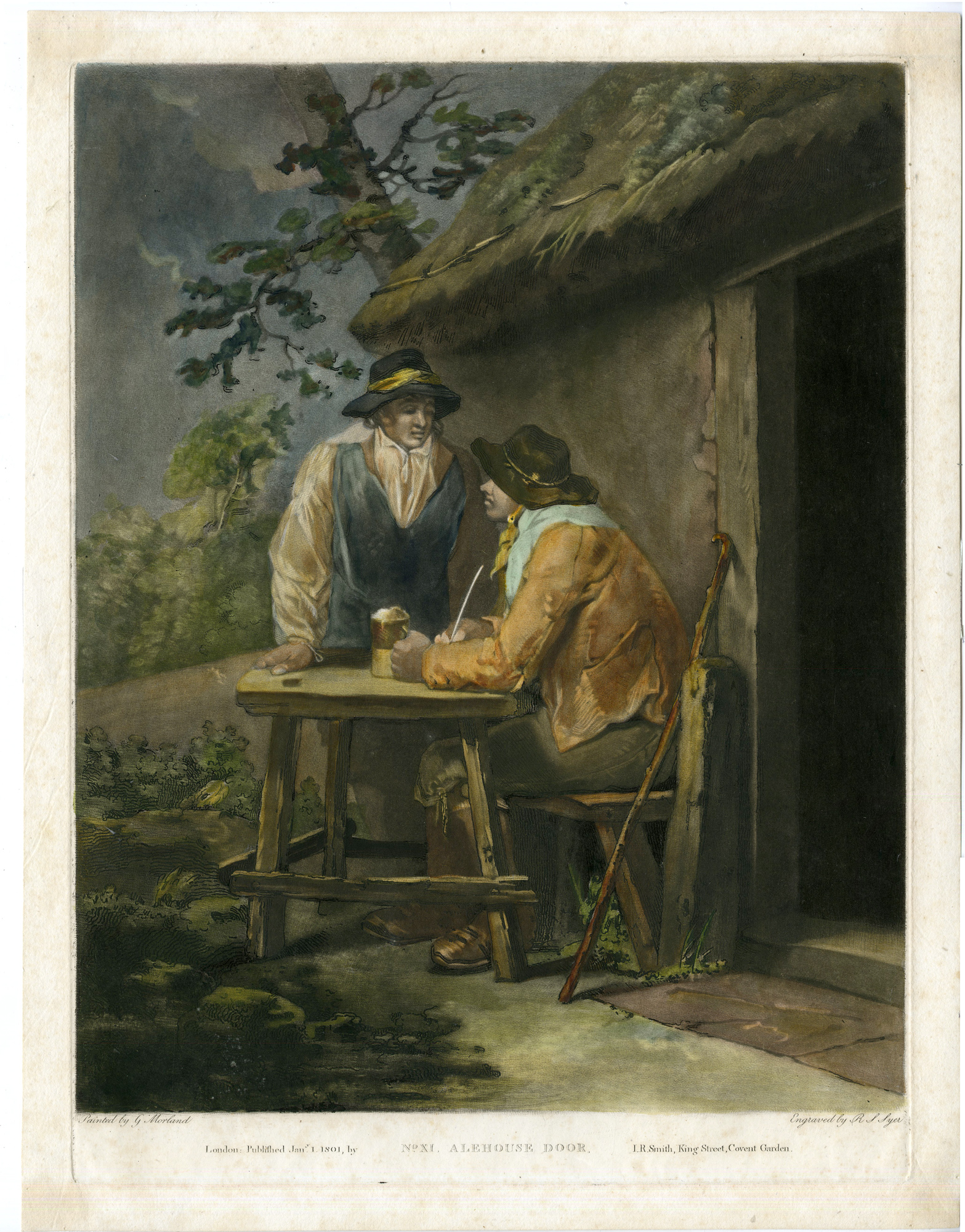 , Antique Master Print-ALEHOUSE DOOR-DRINKING-PUB-PIPE SMOKING-Syer-Morland-1801, Pictura Antique Prints