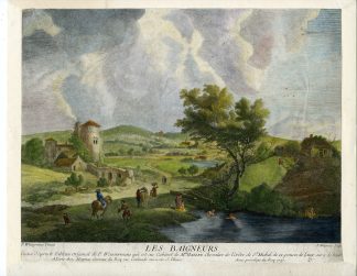 Antique Master Print-PEOPLE BATHING-POND-LES BAIGNEURS-Moyreau-Wouwermans-1737