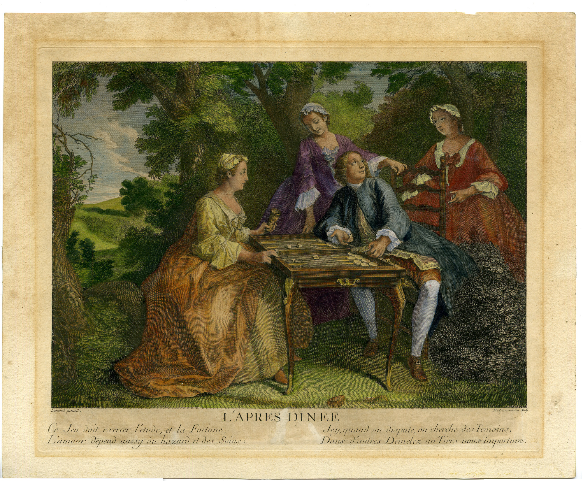 , Antique Master Print-BACKGAMMON-BOARDGAME-APRES DINEE-de Larmessin-Lancret-1741, Pictura Antique Prints