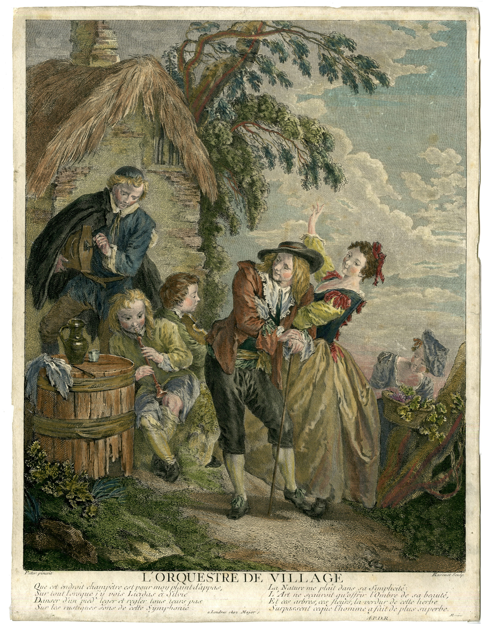 , Antique Master Print-ORCHESTRA-PLAYING MUSIC-HURDY GURDY-VIOLIN-Ravenet-Pater, Pictura Antique Prints