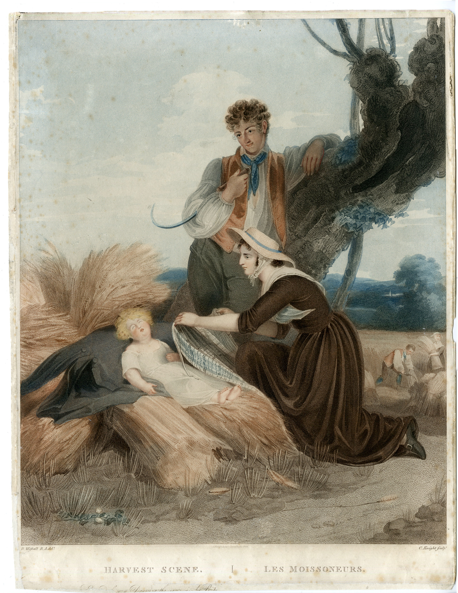 Pco 29930 416x539 Antique Master Print-HARVEST SCENE-WOMAN-CHILD-SLEEPING-Knight-Westall-1790