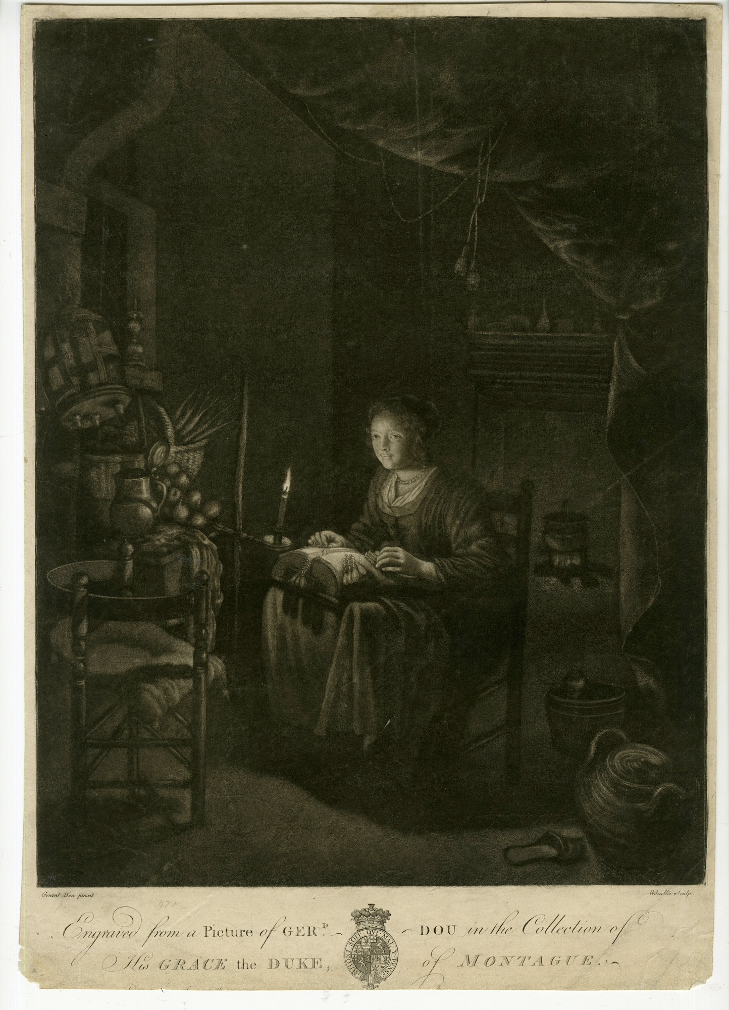 , Antique Master Print-THE LACE MAKER-WOMAN-CANDLE-KITCHEN-Baillie-Dou-1773, Pictura Antique Prints