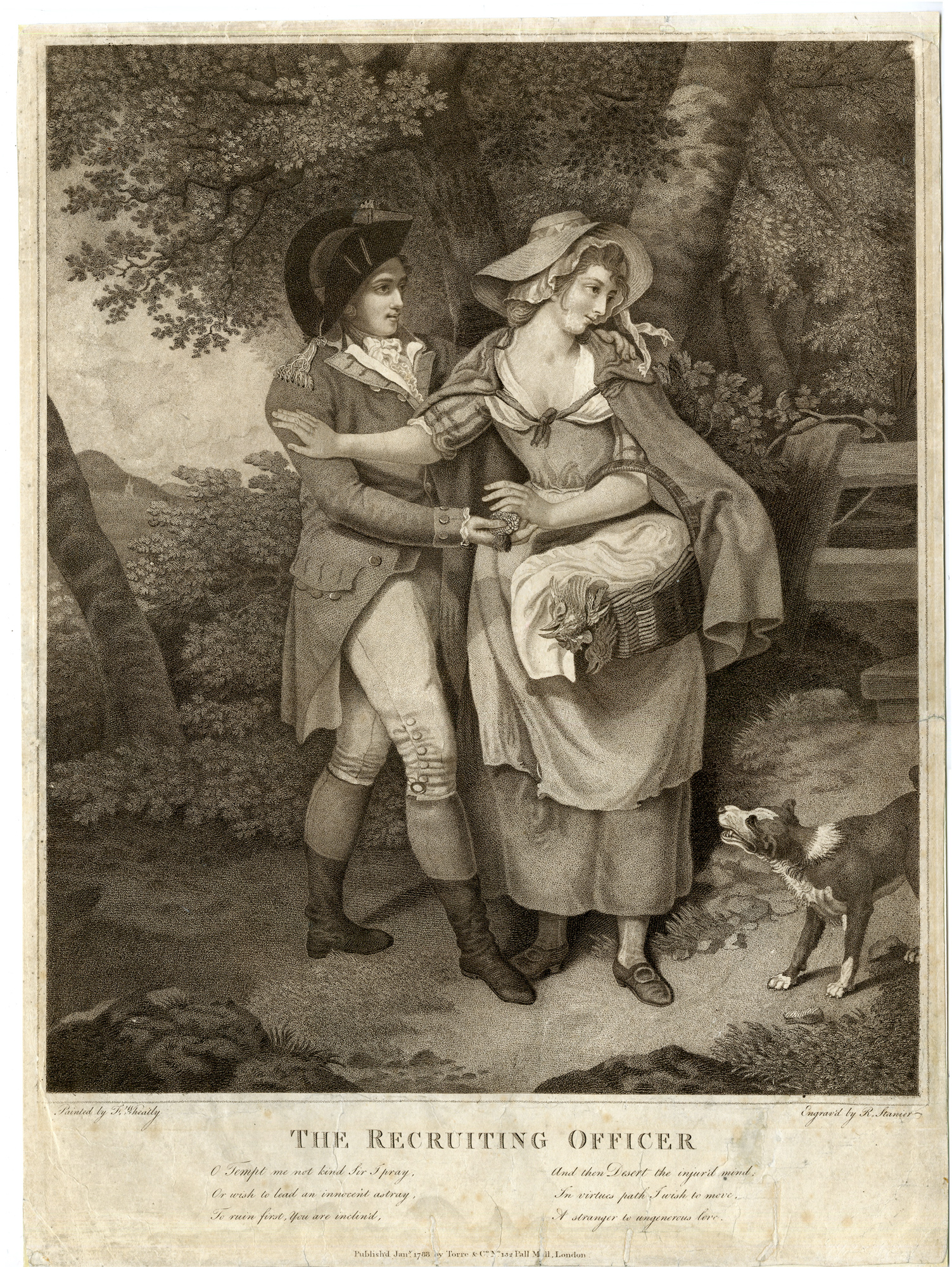 , Antique Master Print-THE RECRUITING OFFICER-LADY-DOG-Stanier-Wheatley-1788, Pictura Antique Prints