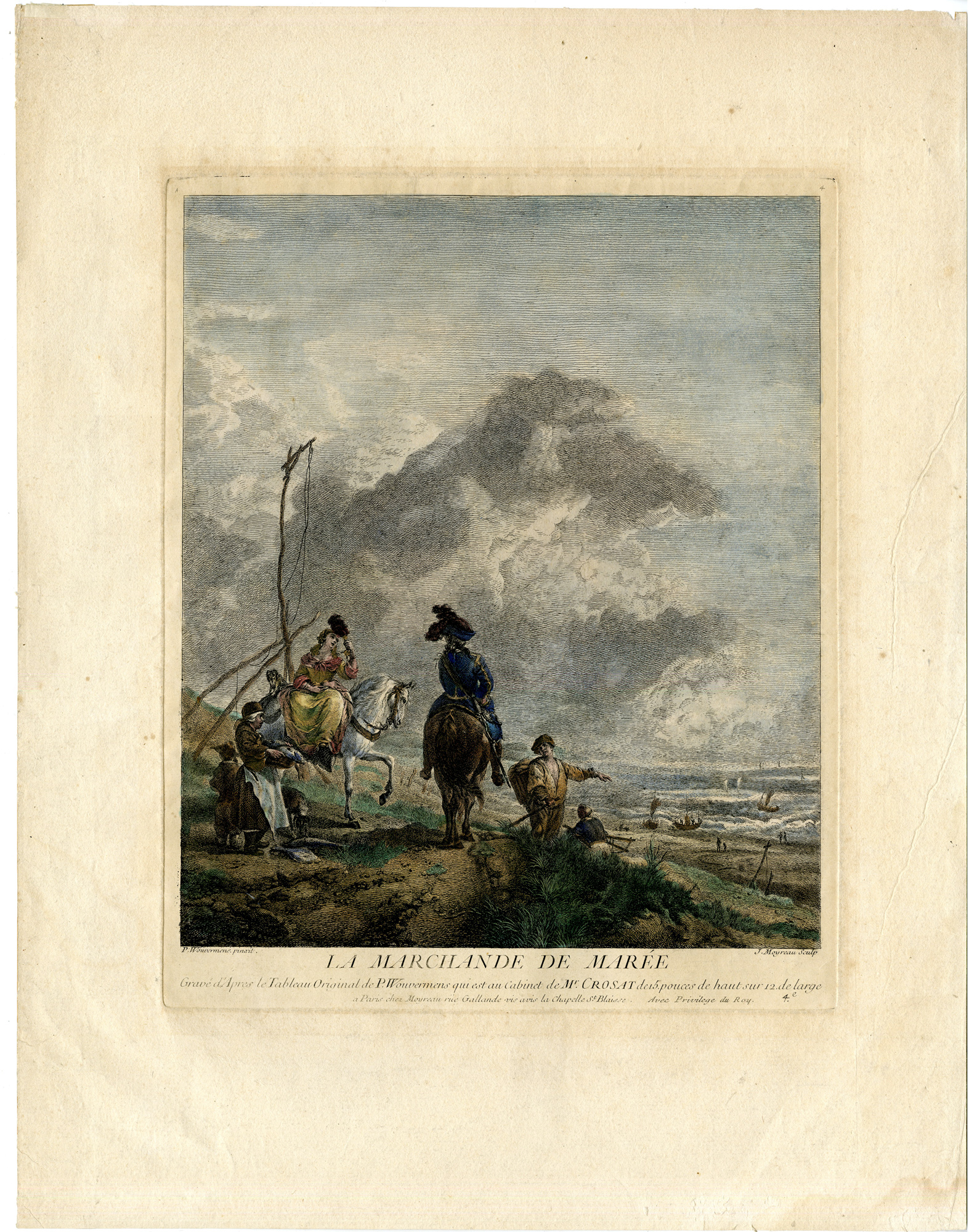 , Antique Master Print-MERCHANT-SELLING FISH-BEACH-Moyreau-P. Wouwermans-1737, Pictura Antique Prints