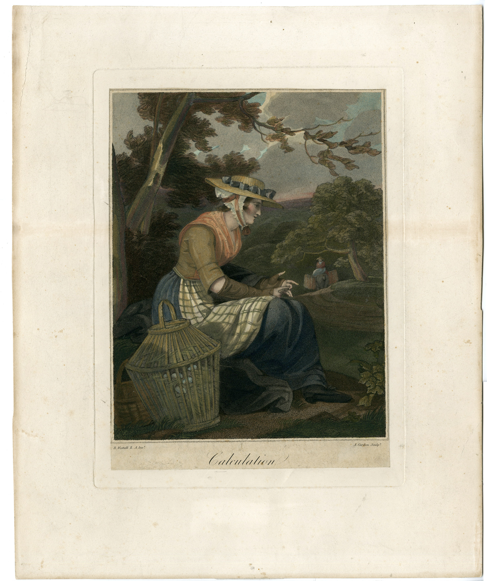 , Antique Master Print-CALCULATION-WOMAN-BASKET-EGGS-COUNTING-Cardon-Westall-1798, Pictura Antique Prints