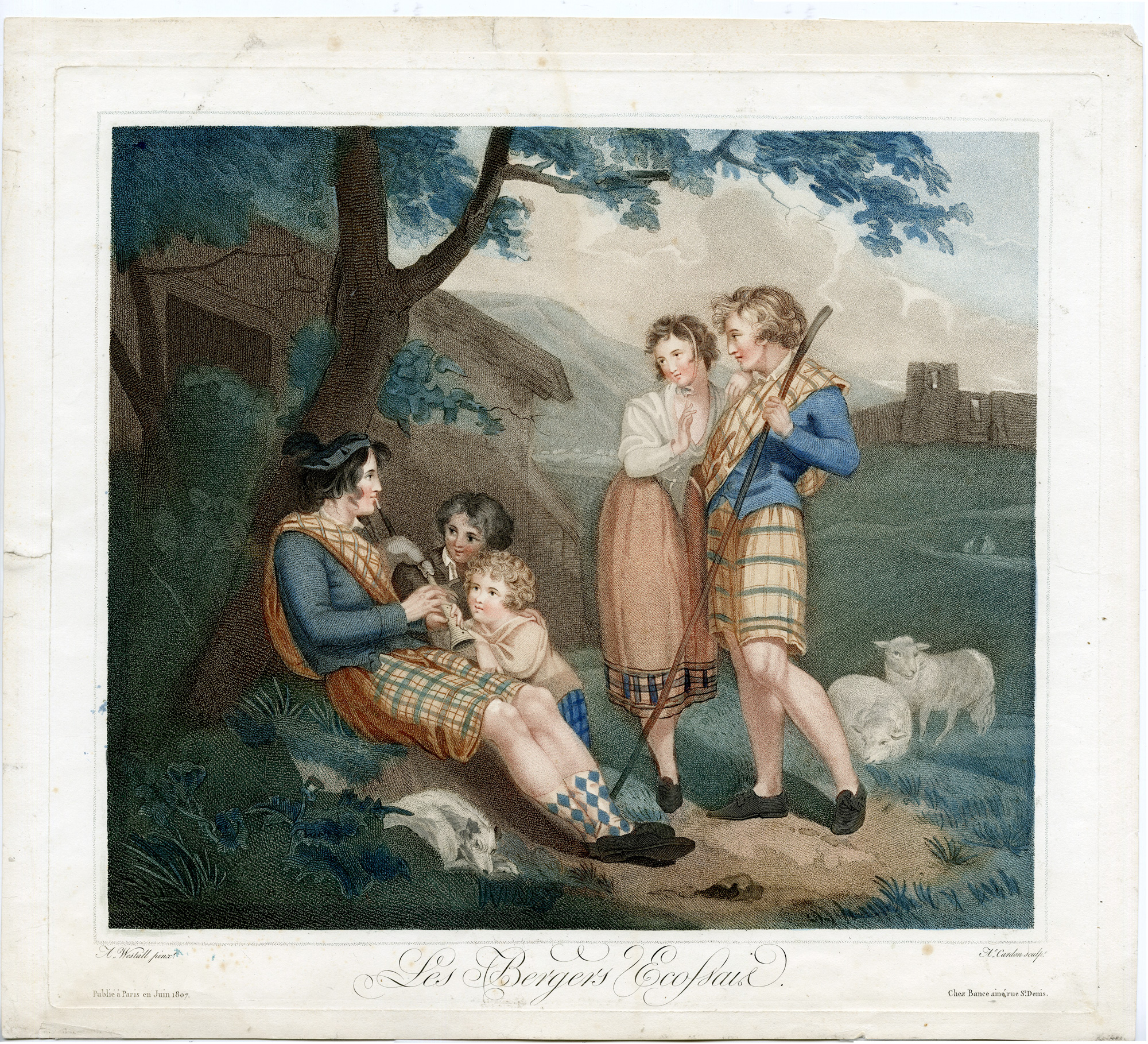 , Antique Master Print-SCOTTISH SHEPHERDS-SHEEP-BAGPIPES-DOG-Cardon-Westall-1807, Pictura Antique Prints
