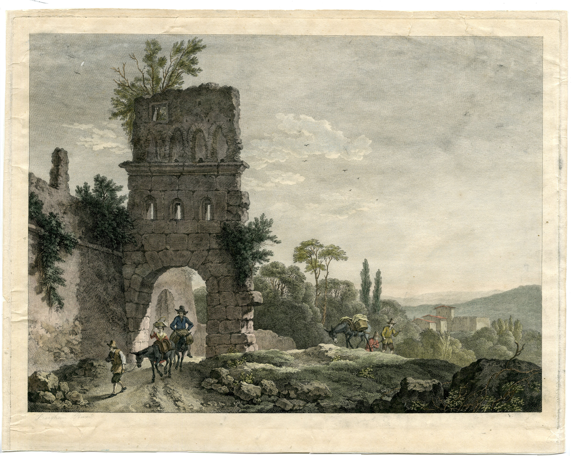, Antique Master Print-ITALIAN LANDSCAPE-HORSE-RUIN-Berghem-c. 1750, Pictura Antique Prints