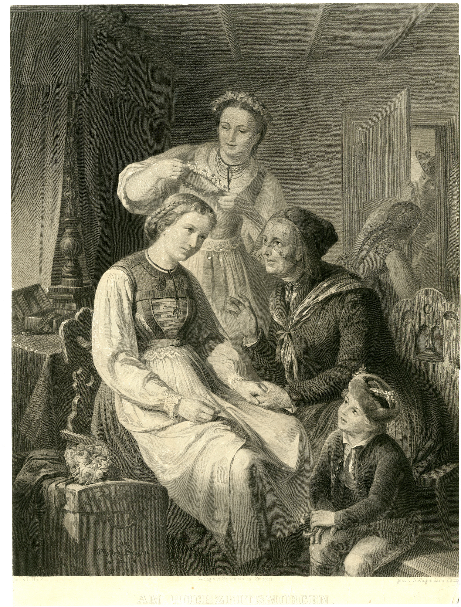 , Antique Master Print-WEDDING-BRIDE-MOTHER-AM HOCHZEITSMORGEN-Wagemann-Heck-1850, Pictura Antique Prints