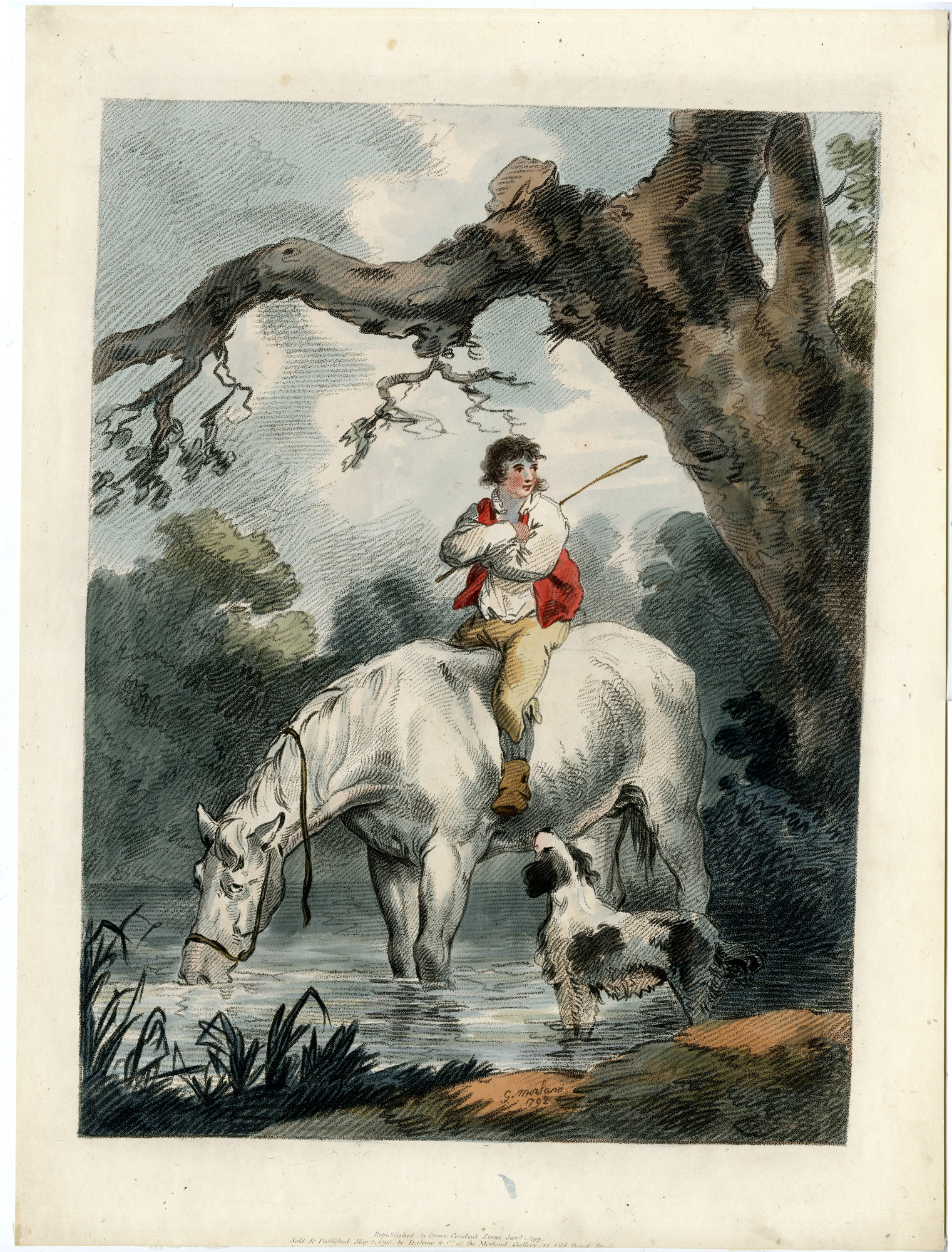 , Antique Master Print-HORSE-DOG-DRINKING WATER-RIVER-BOY-Morland-1793, Pictura Antique Prints