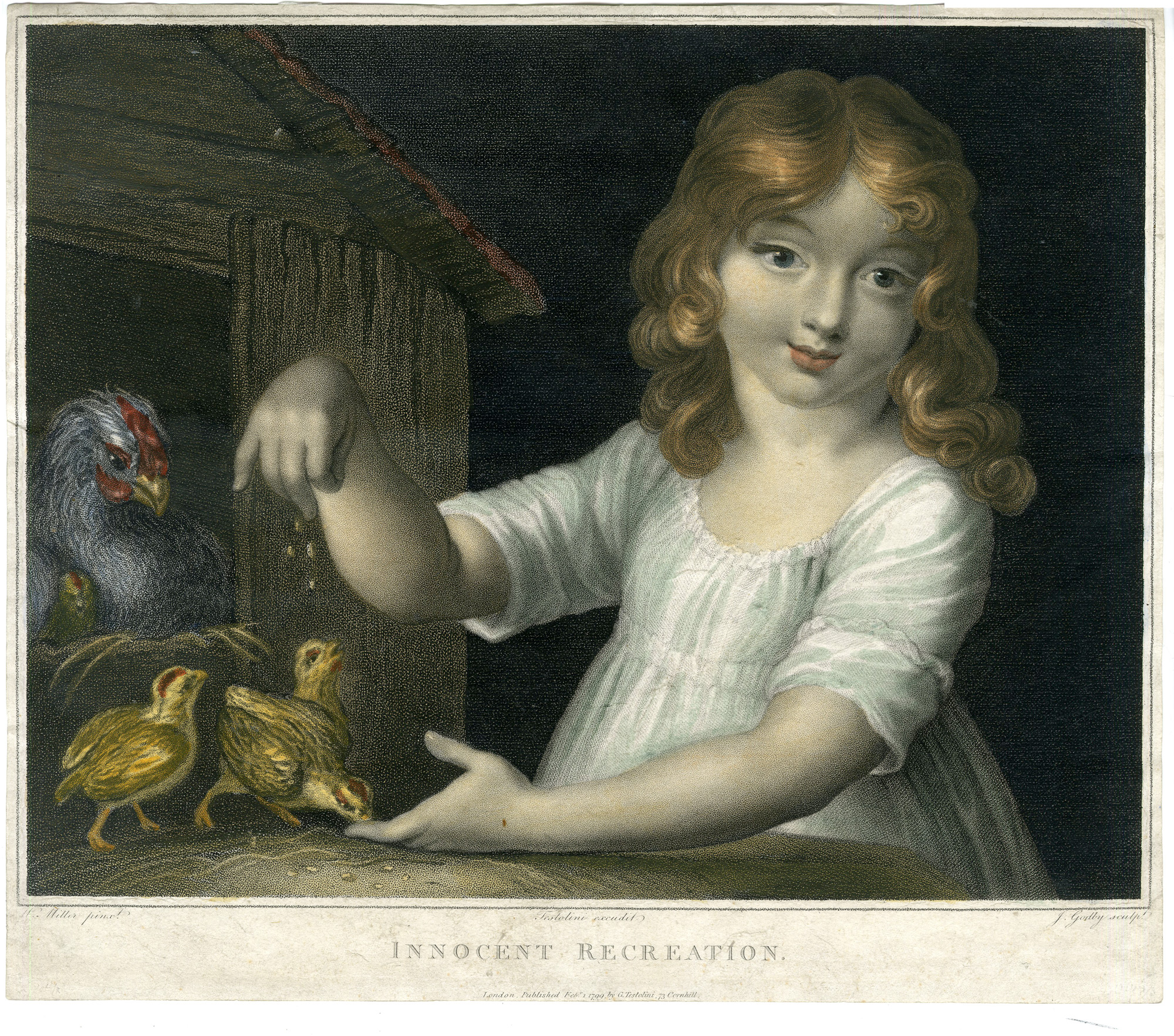 , Antique Master Print-GIRL PLAYING-CHICKEN-INNOCENT RECREATION-Godby-Miller-1799, Pictura Antique Prints