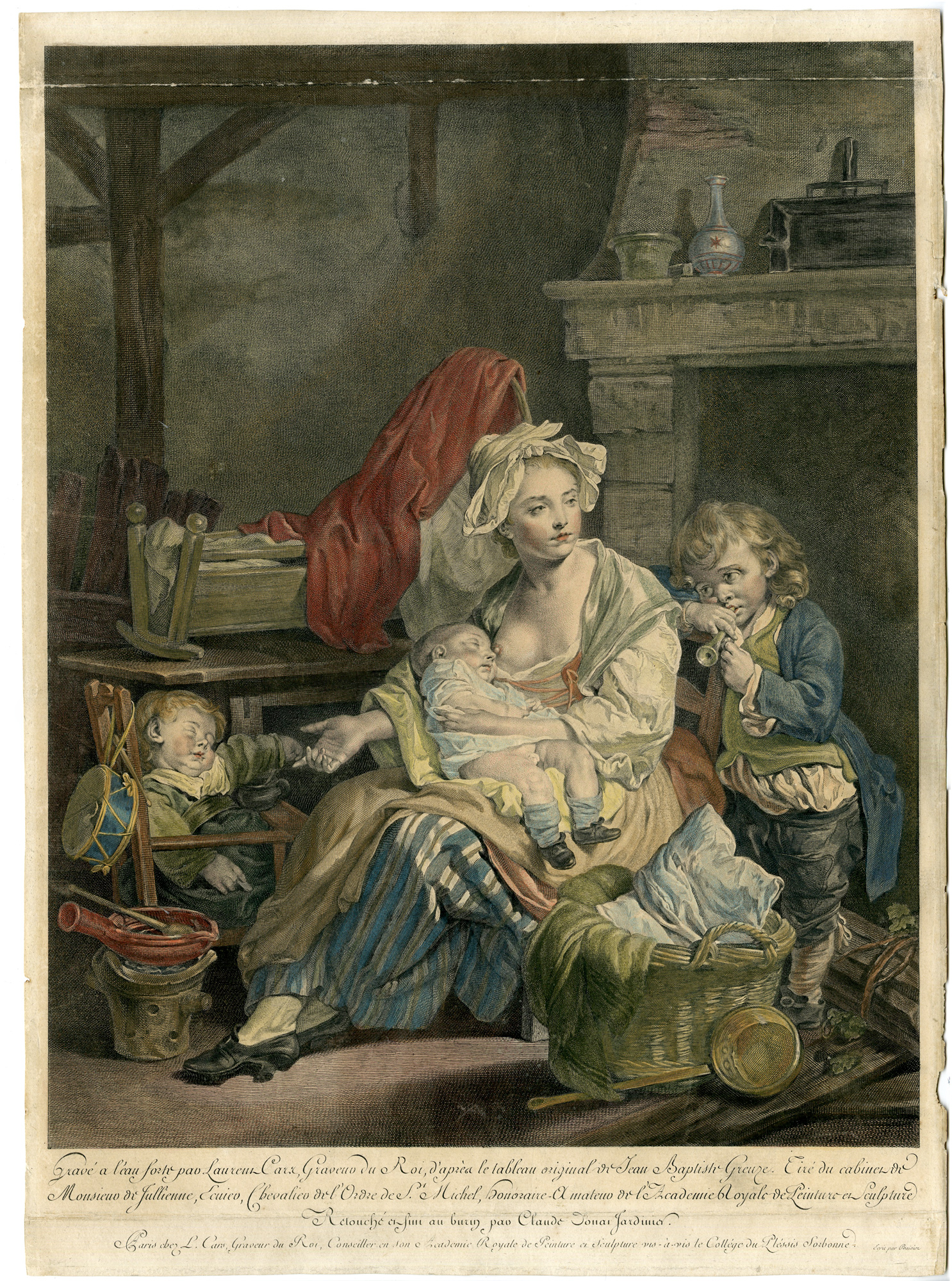 Pco 30054 416x560 Antique Master Print-BREASTFEEDING-BABY-CHILDREN-WOMAN-Cars-Greuze-c. 1765