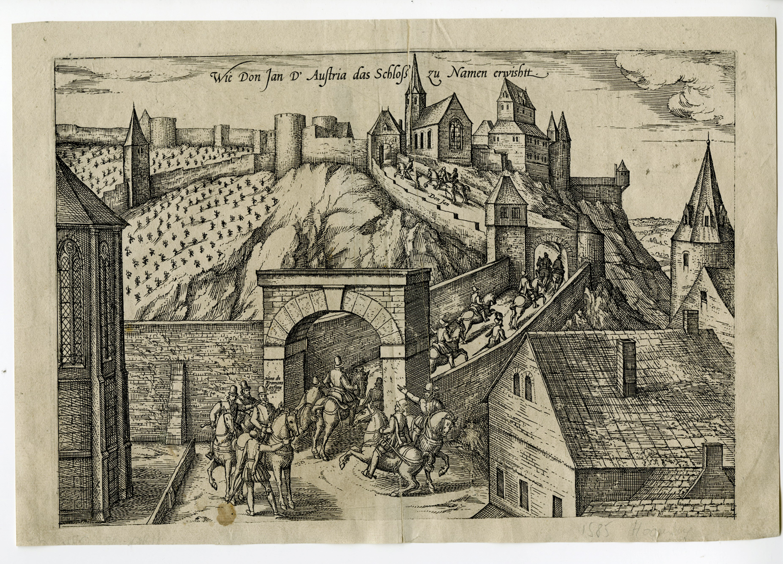 , Antique Print-FORTRESS-NAMUR-BELGIUM-DON JUAN-HORSEMEN-Hogenberg-1585, Pictura Antique Prints