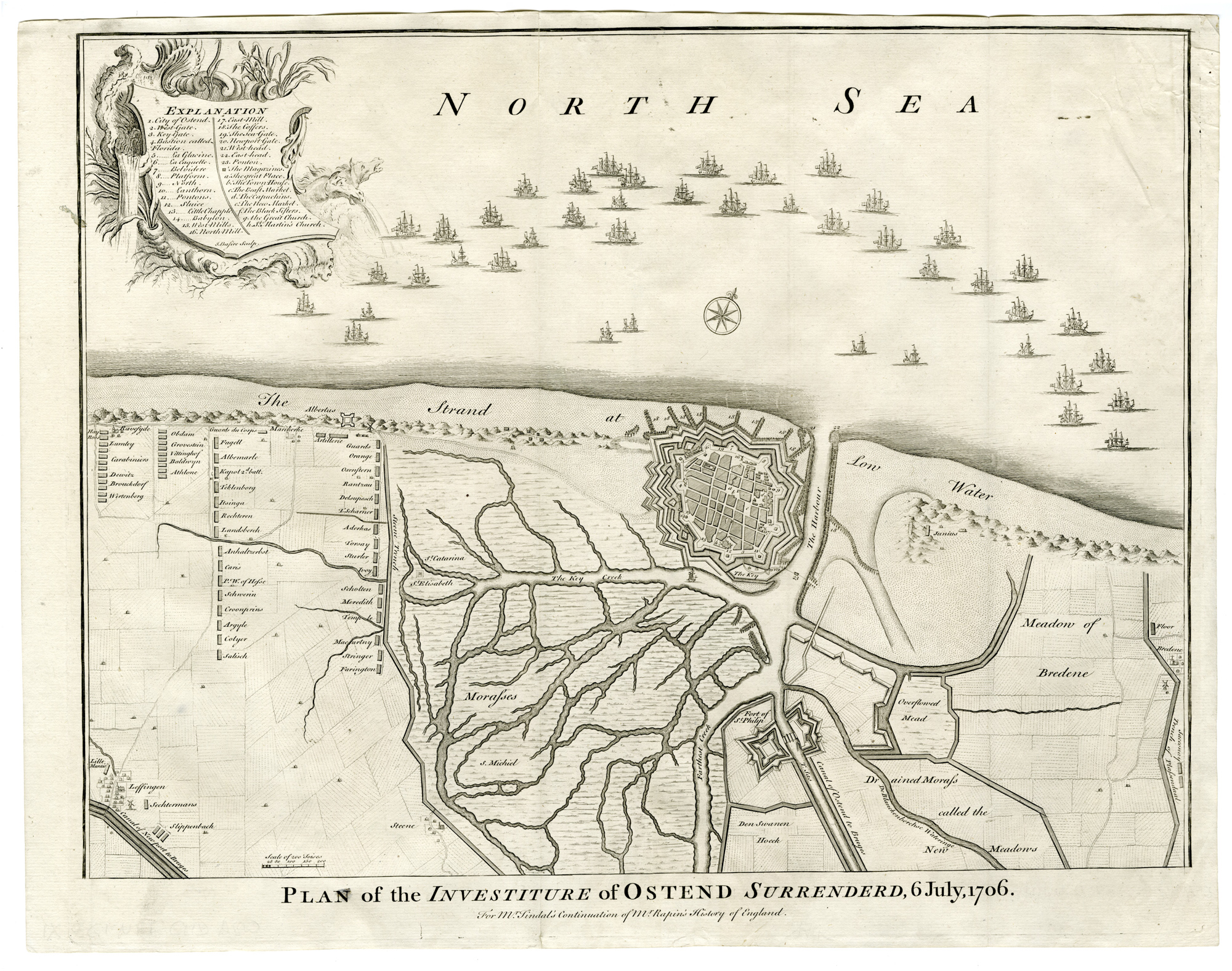 , Antique Map-BATTLE-OSTEND-BELGIUM-MILITARY MAP-BATTLE LINES-SHIPS-Basire-1744, Pictura Antique Prints
