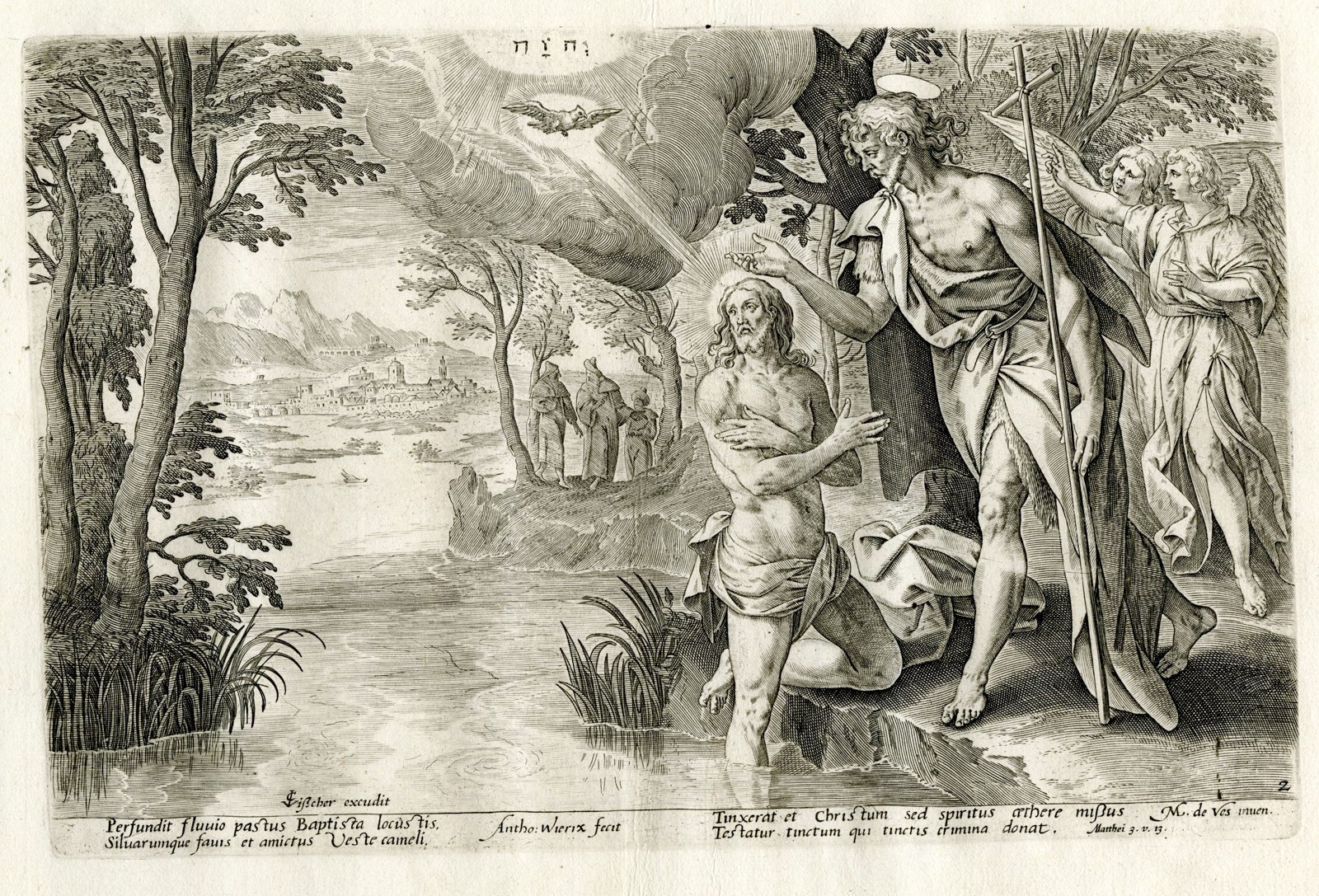 , Antique Print-Engraving-BAPTISM CHRIST-SAINT JOHN THE BAPTIST-Wierix after de Vos-c.1700 ed., Pictura Antique Prints