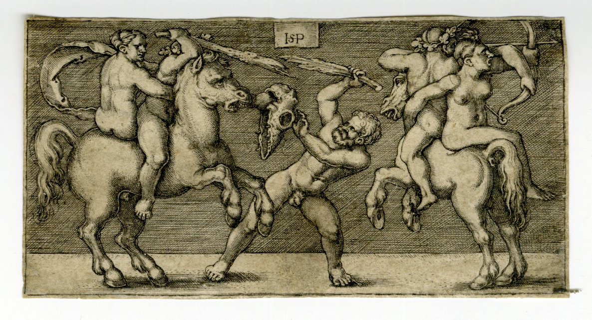 , Rare-Antique Master Print-BATTLE OF THREE MEN AND WOMEN ON HORESEBACK-Hans Sebald Beham-c.1518, Pictura Antique Prints