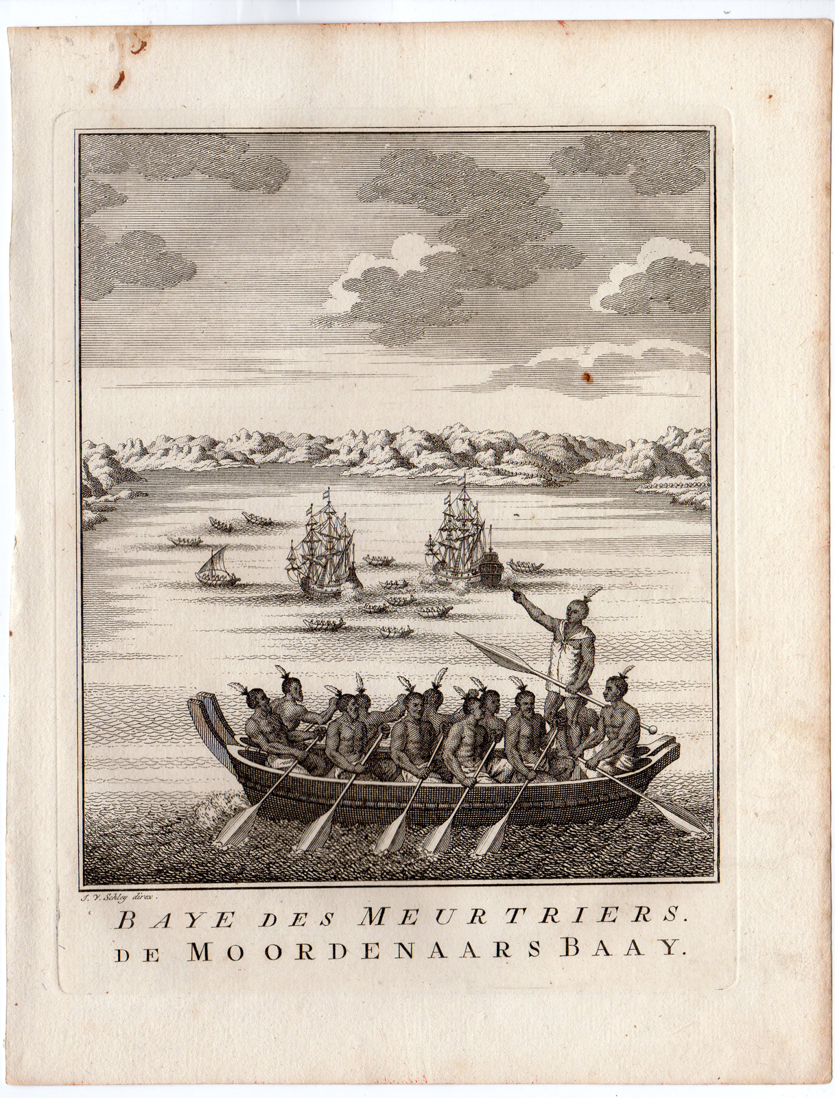 , Antique Print-ABEL TASMAN-MURDERERS BAY-NEW ZEALAND-VOC-SHIPS-Schley-Bellin-1758, Pictura Antique Prints