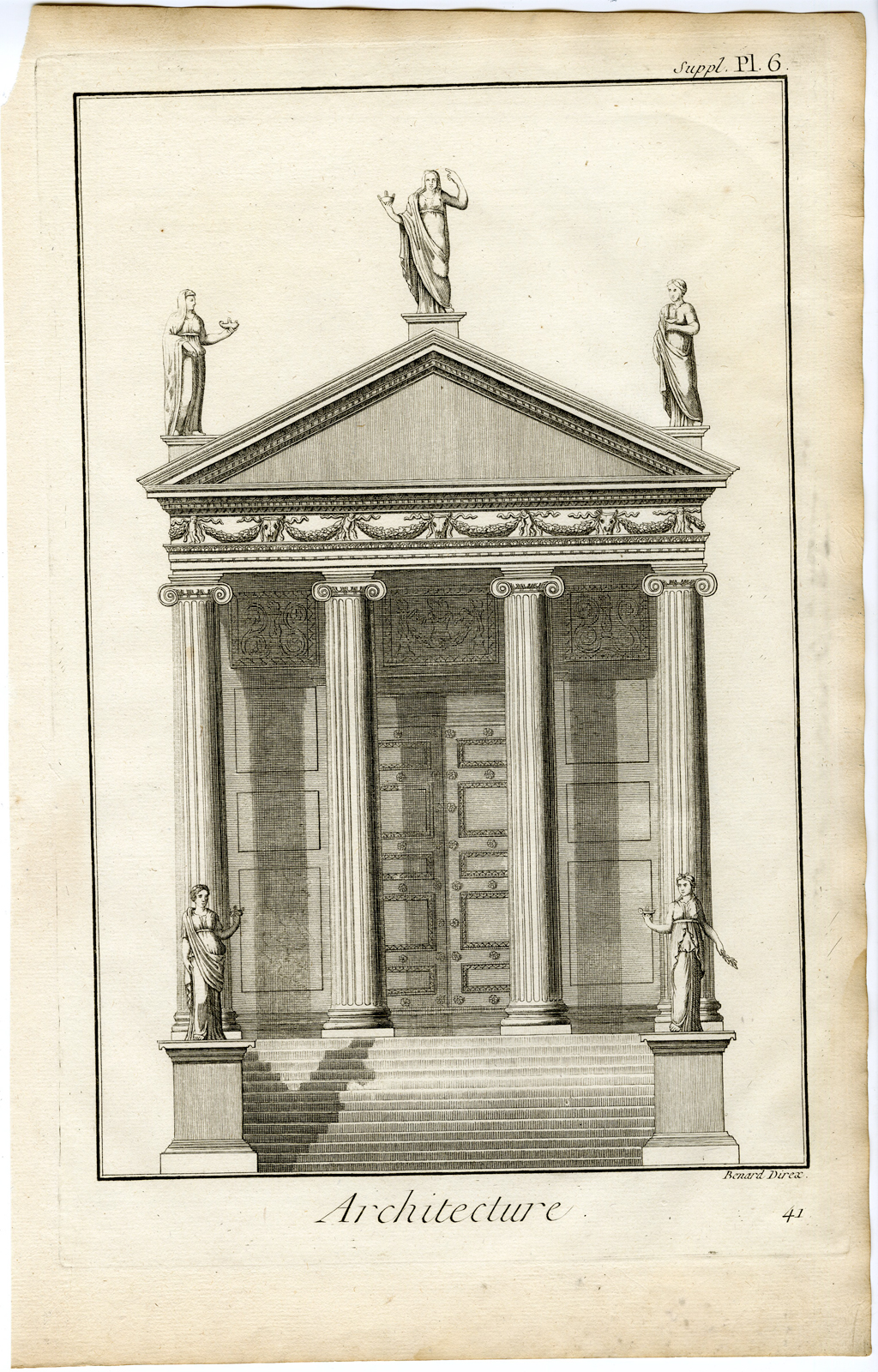 , Antique Print-ARCHITECTURE-COLUMN-IONIAN PORTICO-PLATE 6-Benard-Diderot-1751, Pictura Antique Prints
