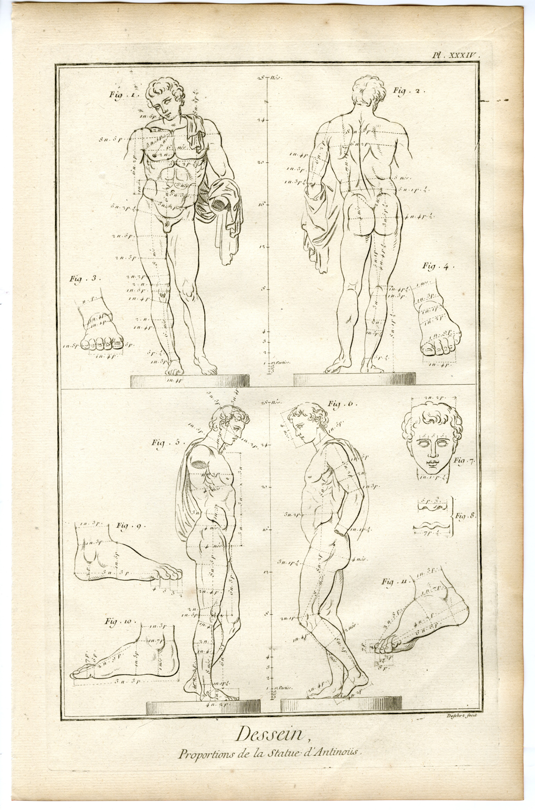 , Antique Print-ART SCHOOL-DRAWING-ANTINOUS-GREECE-STATUE-Benard-Diderot-1751, Pictura Antique Prints