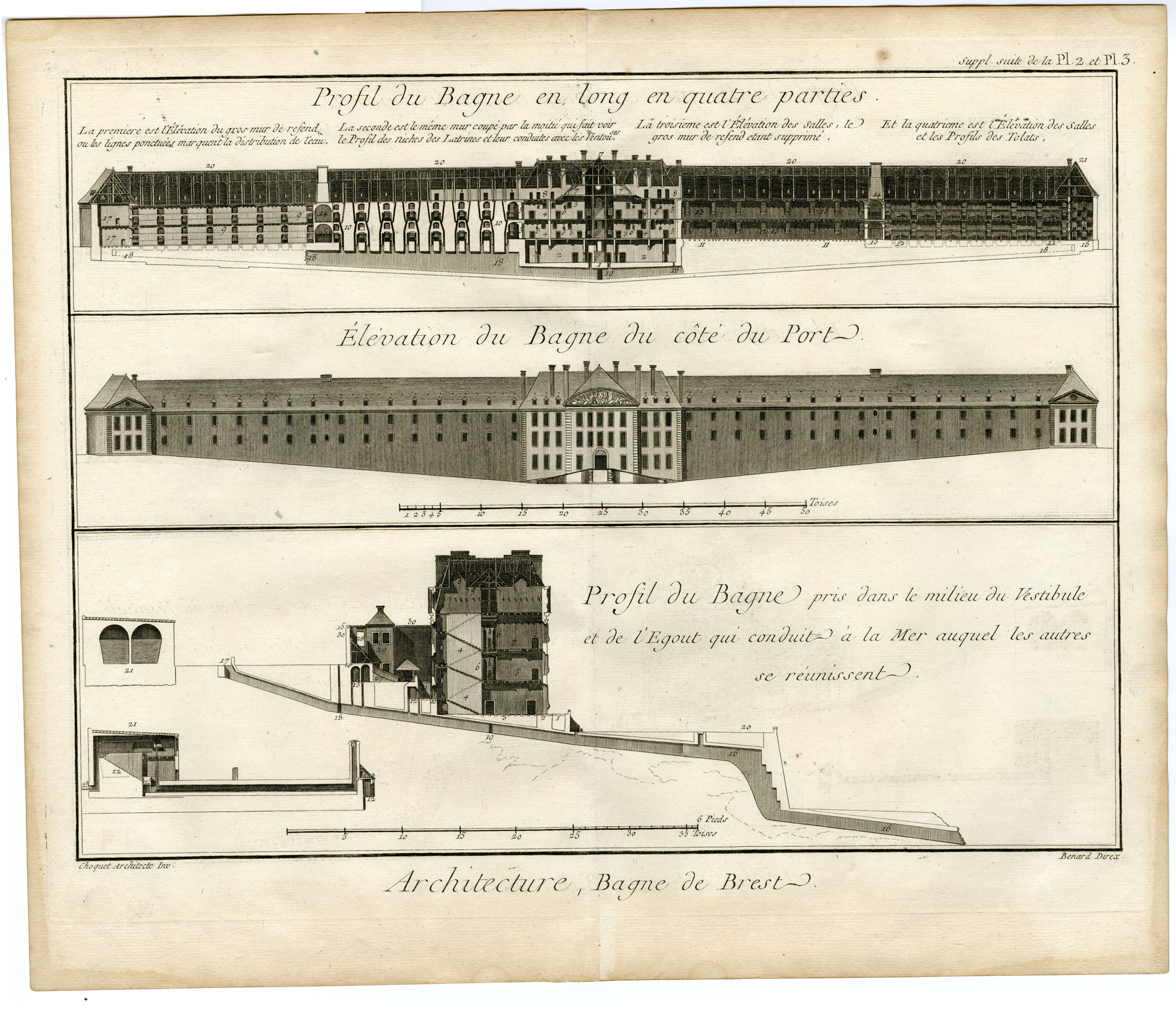 , 3-Antique Prints-ARCHITECTURE-BREST-PRISON-Benard-Diderot & d’Alembert-1751, Pictura Antique Prints