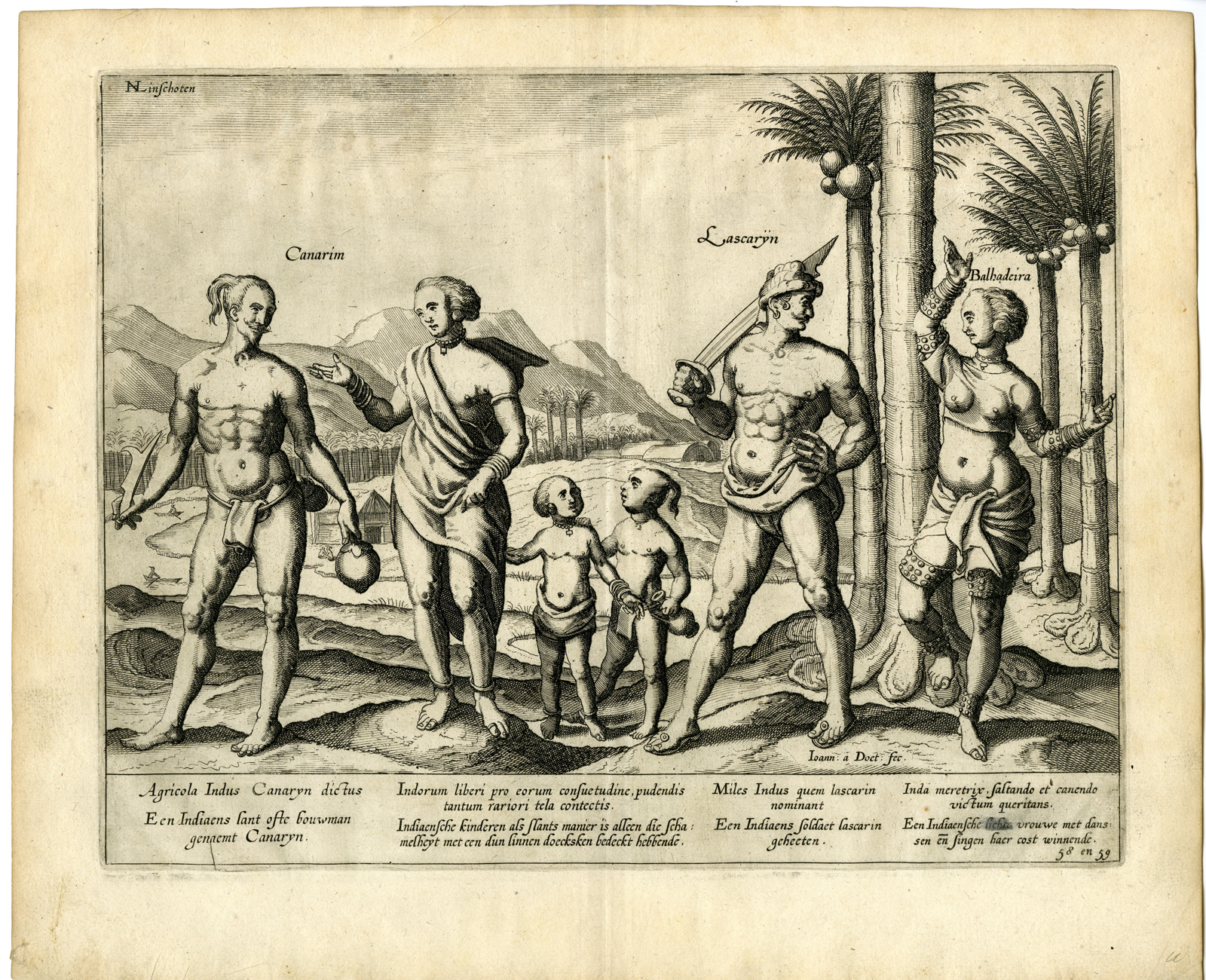 , Antique Print-FARMER-PROSTITUTE-SINGER-E. INDIES-INDIA-Deutecum-Linschoten-1599, Pictura Antique Prints