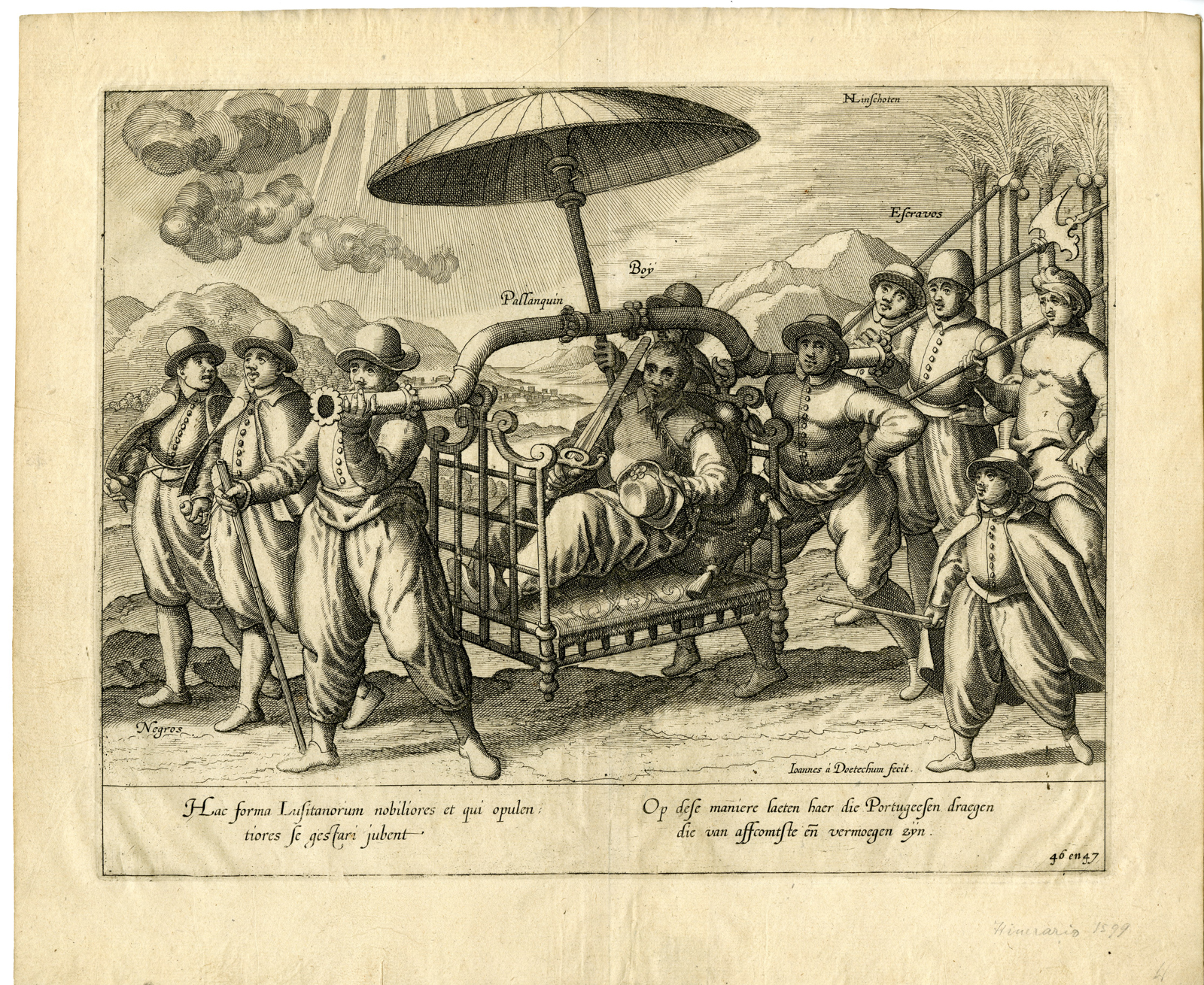 , Antique Print-EAST-INDIES-PORTUGESE CARRIED-PALANQUIN-Deutecum-Linschoten-1599, Pictura Antique Prints